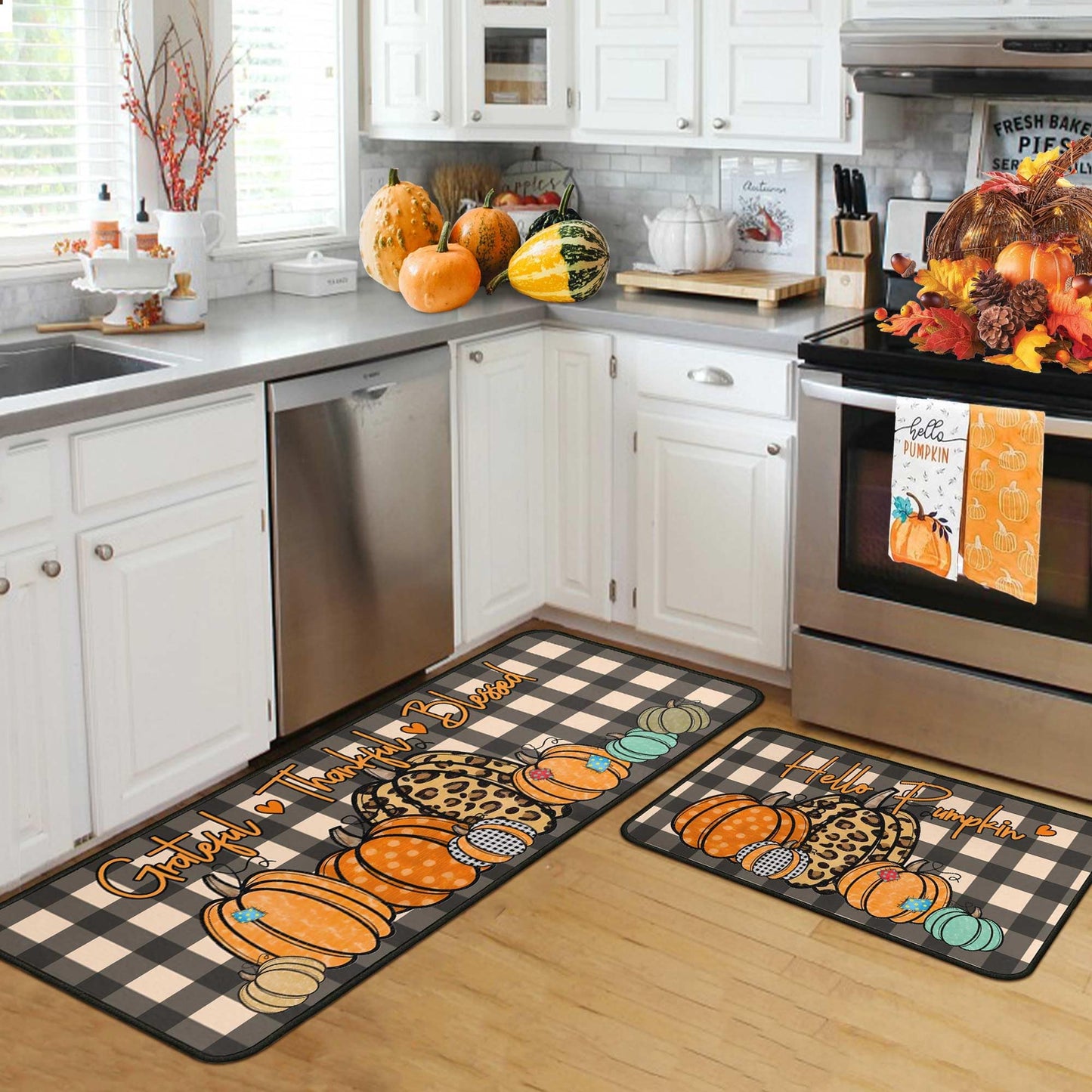 Fall Kitchen Rugs and Mats for Floor, Fall Decorations for Home, 2 Pcs Non-Slip Backing Pumpkin Mat, Autumn Decor Thanksgiving Kitchen Rug Sets with Runner 17"x47.2"+17"x30"