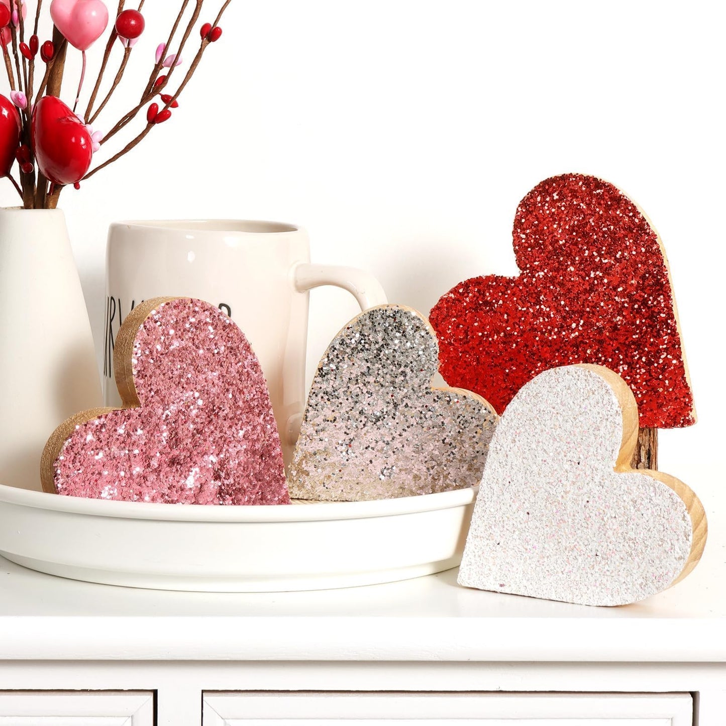 Valentines Day Decor Decorations: 4pcs Glitter Wood Heart Table Signs Tiered Tray Decor, Sparkle Galentines Decoration for Home Office Mantel Centerpieces Gifts