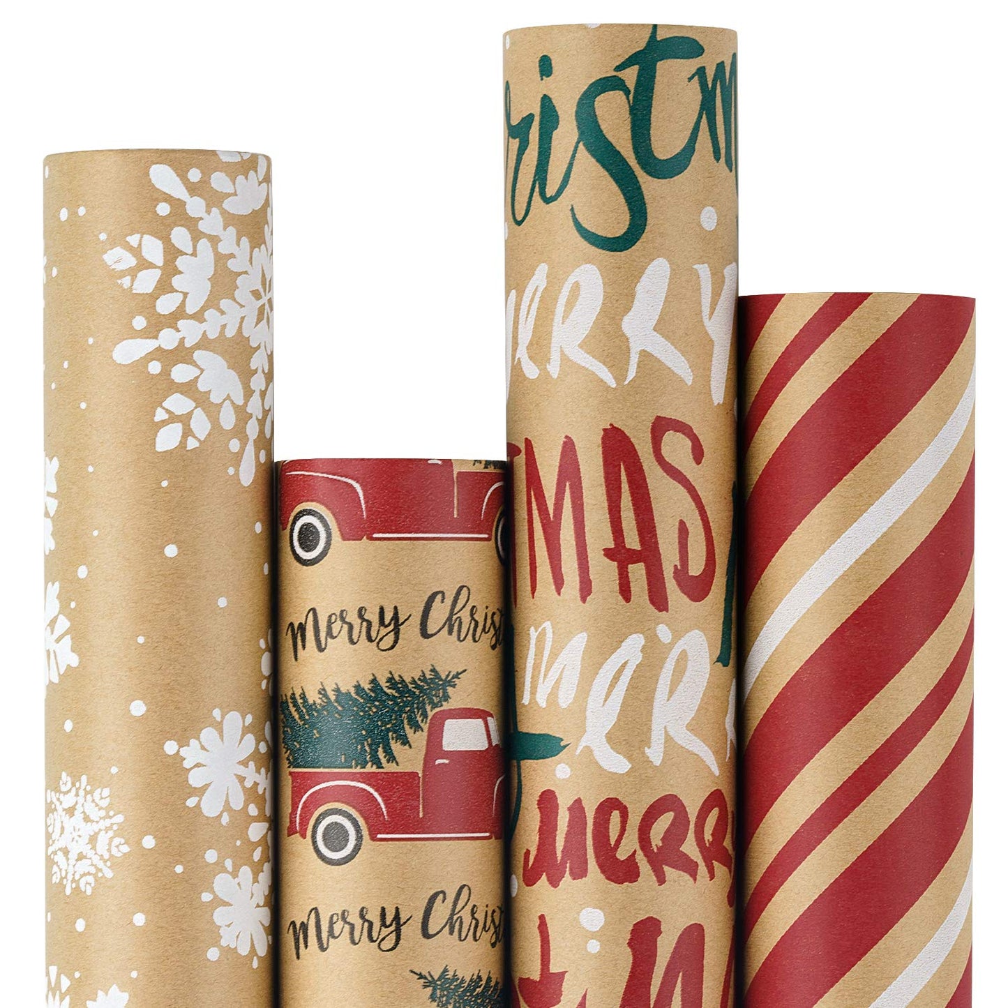 Wrapping Paper, Kraft Paper - Snowflakes, Car and Christmas Tree, Stripes and Merry Christmas - 4 Rolls - 30 inches x 10 feet per Roll