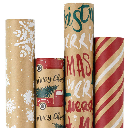 Wrapping Paper, Kraft Paper - Snowflakes, Car and Christmas Tree, Stripes and Merry Christmas - 4 Rolls - 30 inches x 10 feet per Roll