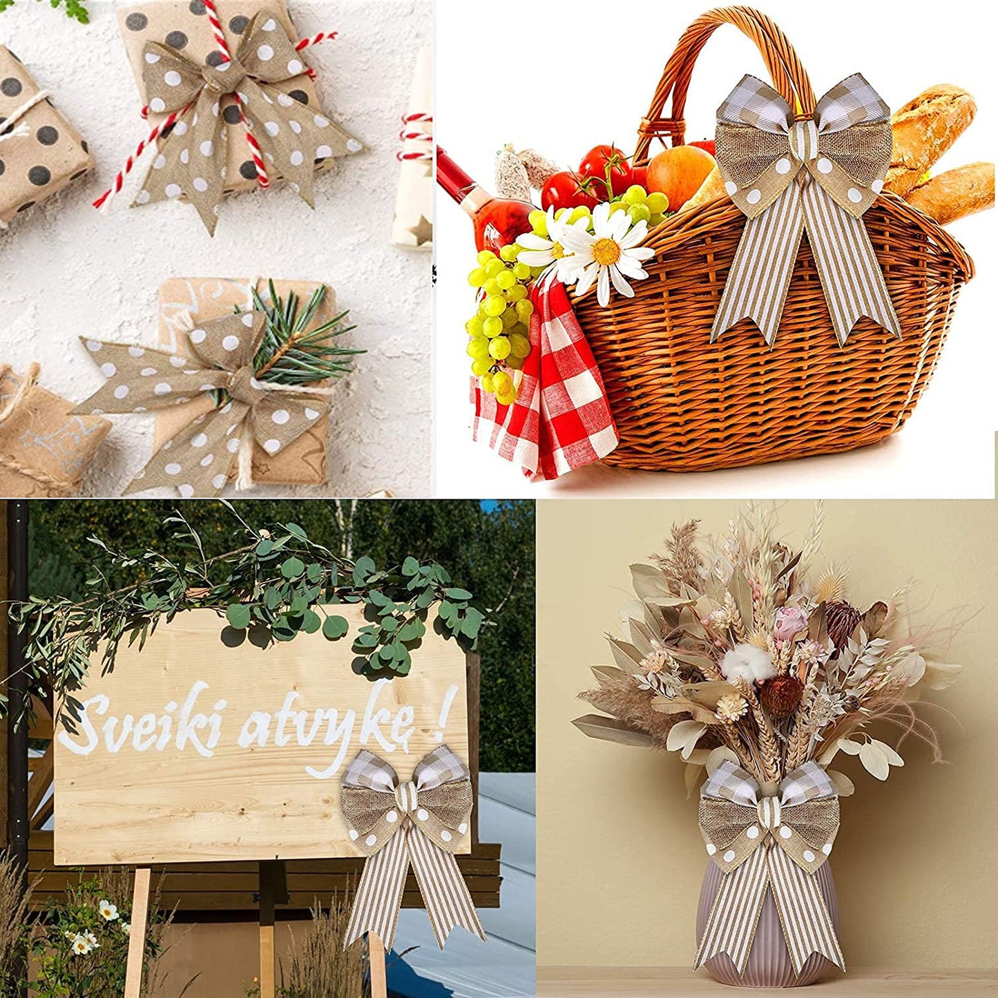 OZXCHIXU 4 Rolls Burlap Fabric Ribbon Burlap Wired Edge Ribbon White Dot Plaid Stripe Ribbon Rustic Christmas Crafts Ribbon for DIY Present Wrapping Wreath Floral Bow Craft Decor,2.5Inch x 24Yards