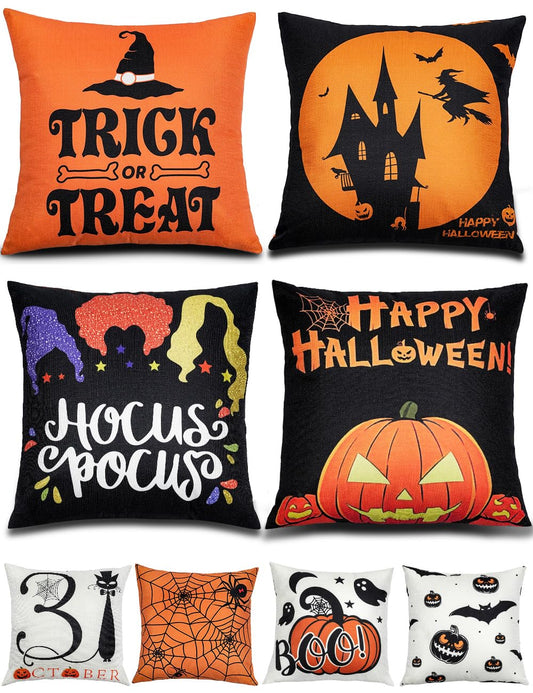 Halloween Decorations Double-Side Printing Pillow Covers 18'' x 18'' Set of 4, with 8 Cute Halloween Decor Patterns, Invisible Zipper, Durable Soft Linen Throw Pillow Covers Outdoor Indoor
