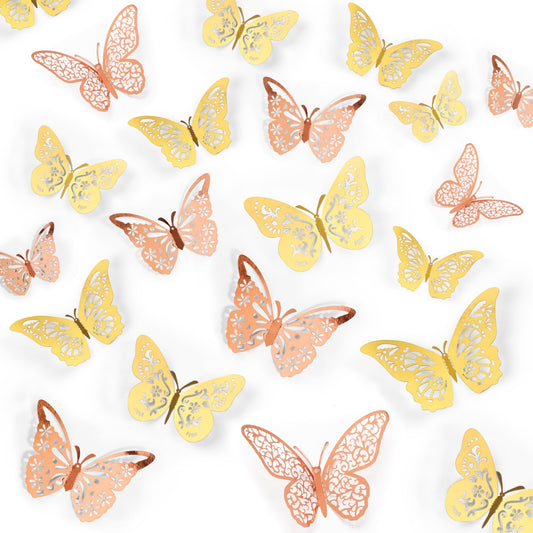 Crosize 48 Pcs Gold and Rose Gold Butterfly Decorations, 4 Styles 3 Sizes, Butterfly Wall Decor, 3D Butterfly Party Decorations, Butterflies for Crafts, Bouquet, Cake Decorating, Flower Arrangements