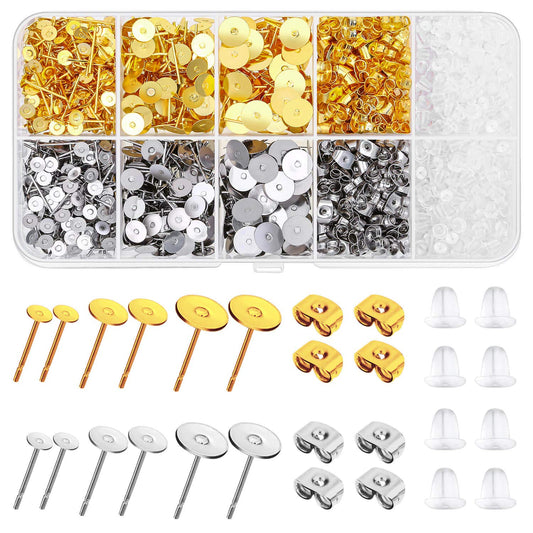 Earring Posts and Backs, Caffox 2000pcs Stud Earring Making Kit with Earring Base and Earring Backs for Leather Stud, Clay, Pearl Jewelry Making (Gold & Silver)