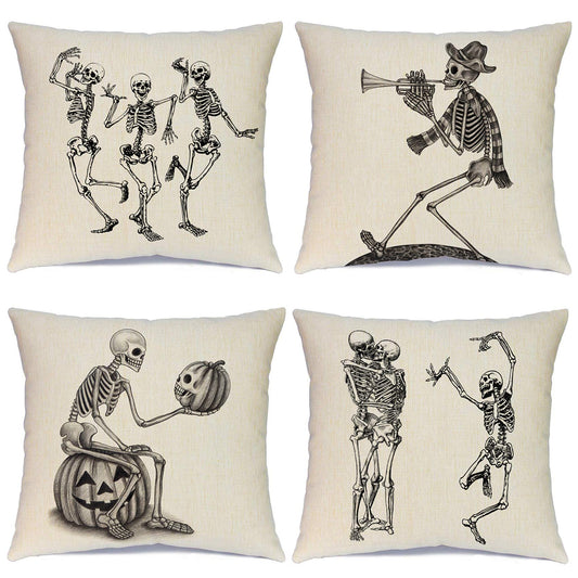 Ueerdand Halloween Pillow Covers Skeleton Skull Pumpkin Throw Pillowcases Set of 4 Cotton Linen Pillow Cushion Cover for Halloween Decorations, 18 by 18 Inch