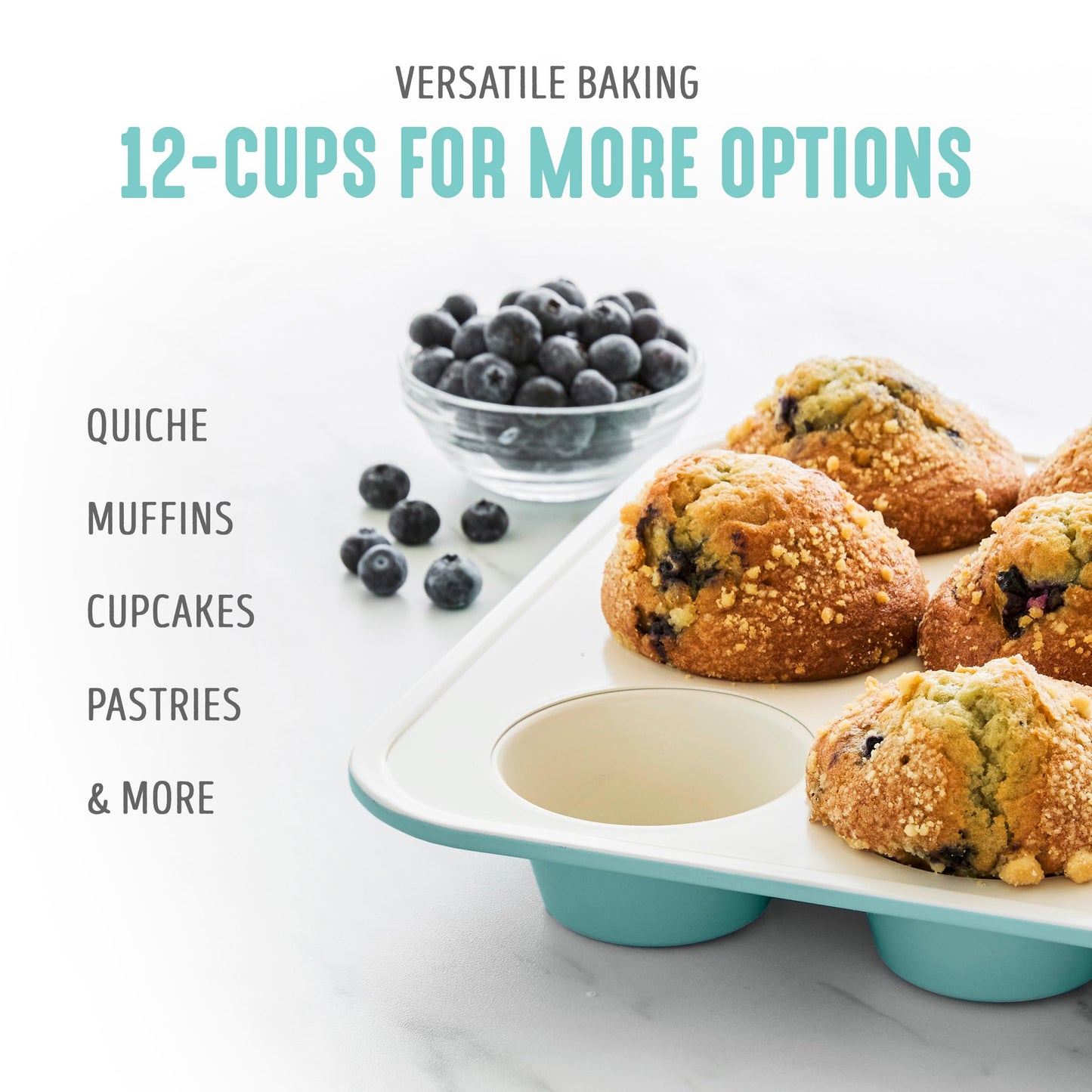 GreenLife 12-Cup Muffin Pan, PFAS-Free Healthy Nonstick Baking Tray, 11.4" x 1.9" x 15.9", Durable Ceramic Bakeware, Cupcakes, Egg Bites, Tarts, Brownies, Turquoise