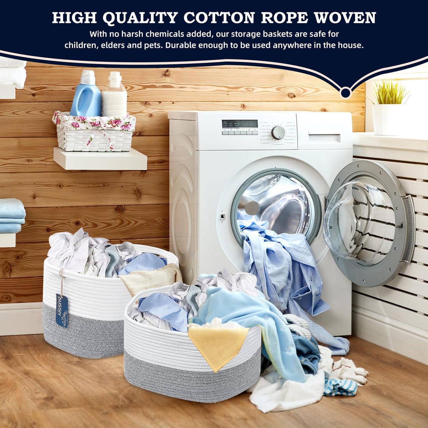 Rope Baskets for Storage Basket, Cotton Rope Woven Basket with Handles. Blanket Basket for Storing Clothes, Toys, Books, Shelves etc, 15''L x 10''W x 9.5''H, Gray/Off White