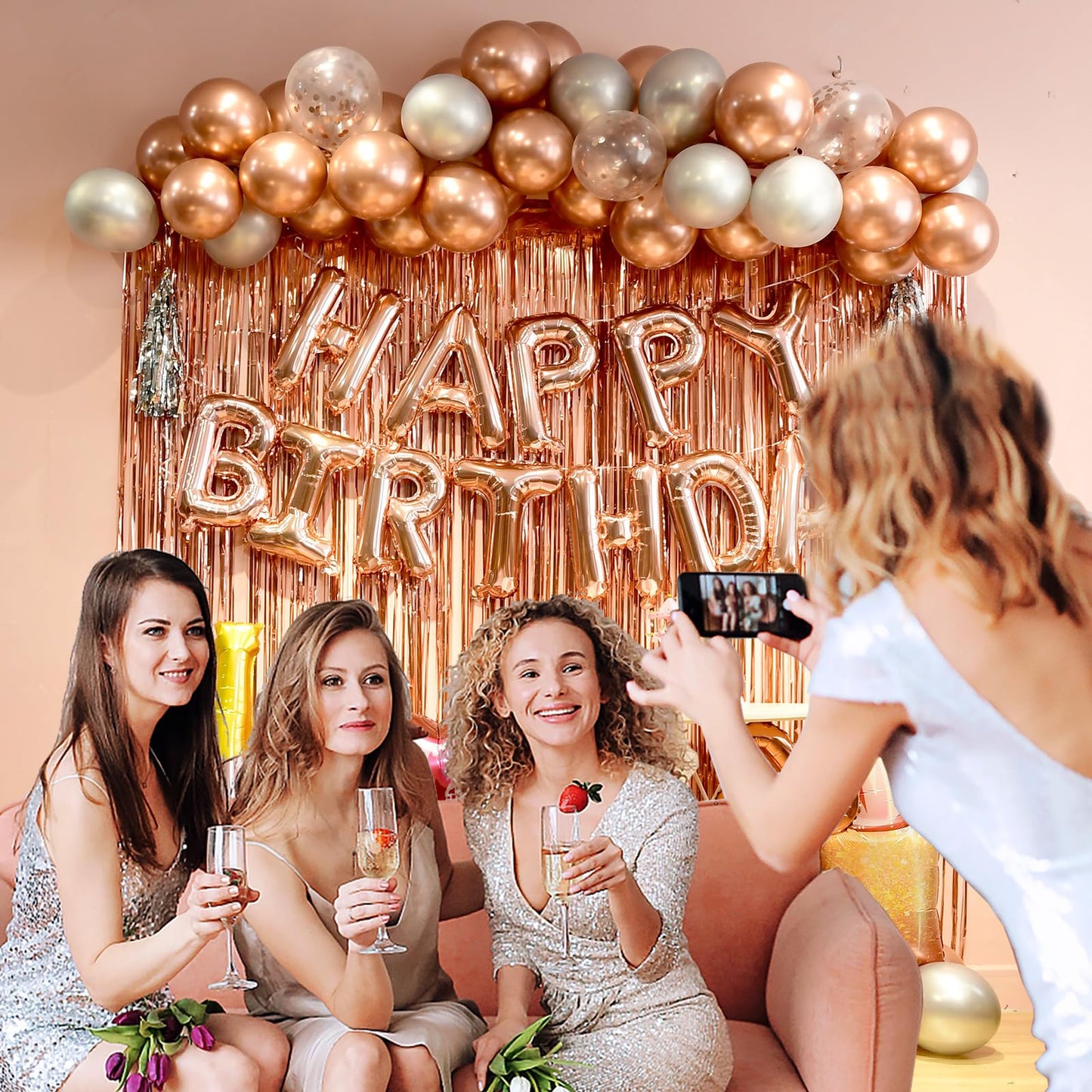 Rose Gold birthday decorations for women ，happy birthday party decorations for girls，Rose Gold Fringe Curtain，happy birthday banner， balloon letters