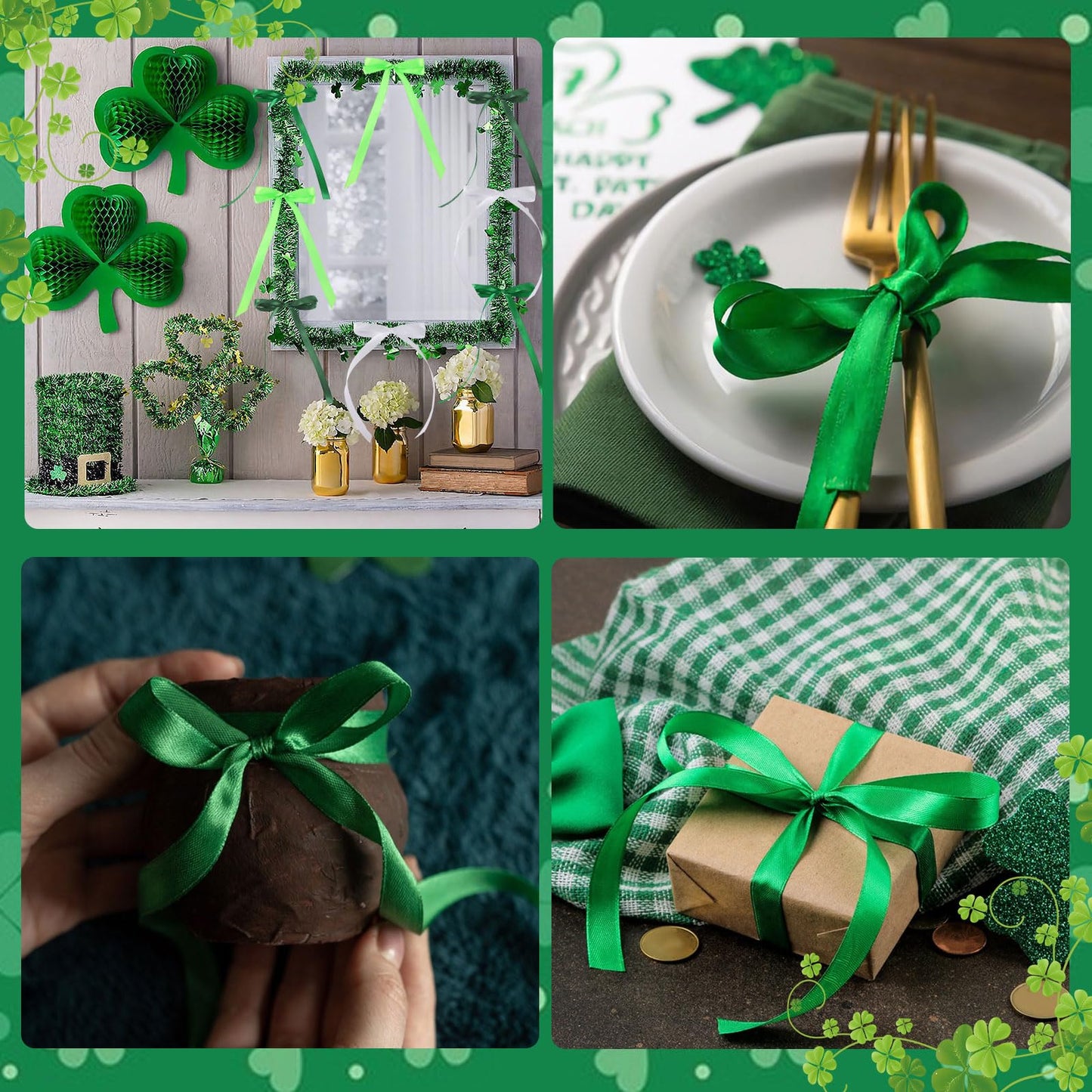 St. Patrick's Day Ribbons, 4 Rolls 100 Yards St. Patrick's Day Ribbons 10mm Wide Green Satin Ribbons for Gift Wrapping and Craft Decoration, White & Green