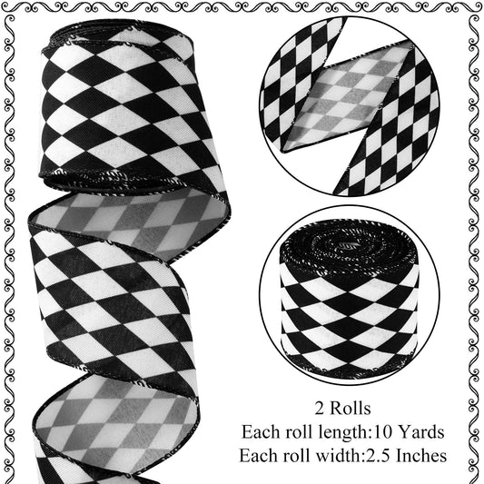 2 Rolls Christmas Checkered Ribbon Black and White Check Ribbon Diamond Check Wired Edge Ribbon Diamond Pattern Decorative Ribbons for Christmas Fall Tree Wrapping DIY Crafts (2.6 Inch)