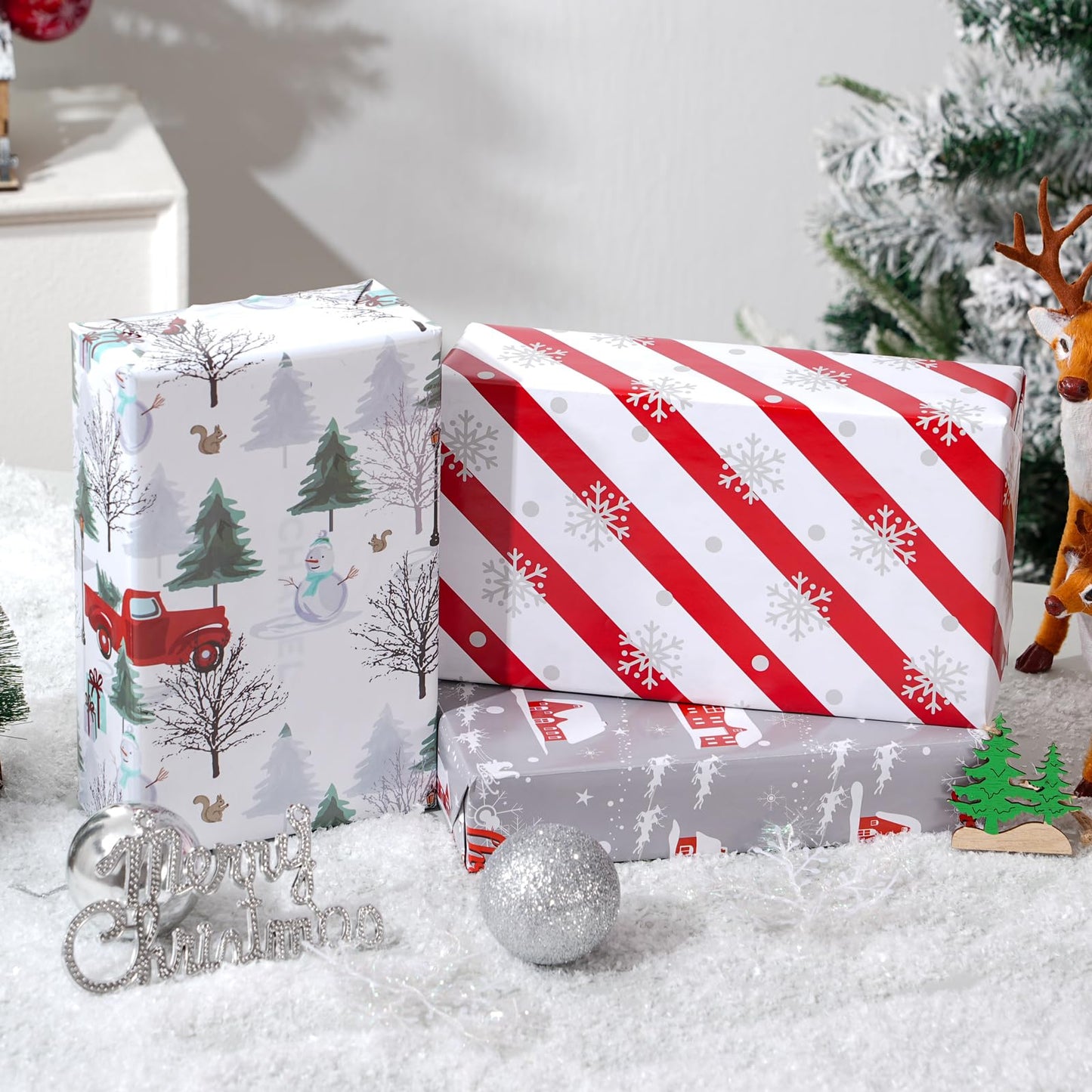 Cuitpan White Christmas Wrapping Paper Bundle for Kids Adults - Reindeer, Stripes, Woodlands, Snowflake, Red Truck Winter Scene Designs - 28 x 40 Inches, 6 Jumbo Sheets, Recycled