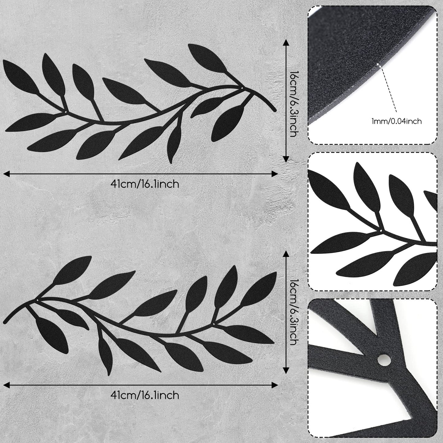 2 Pieces Metal Tree Leaf Wall Decor Vine Olive Branch Leaf Wall Art Living Room, Hallway Wall Decor Outdoor Decoration (Black)