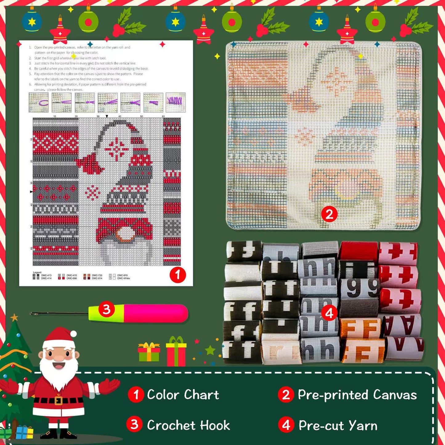 Latch Hook Kits for DIY Throw Pillow Cover,Needlework Cushion Cover Hand Craft Crochet for Great Family 17X17inch Christmas Hat