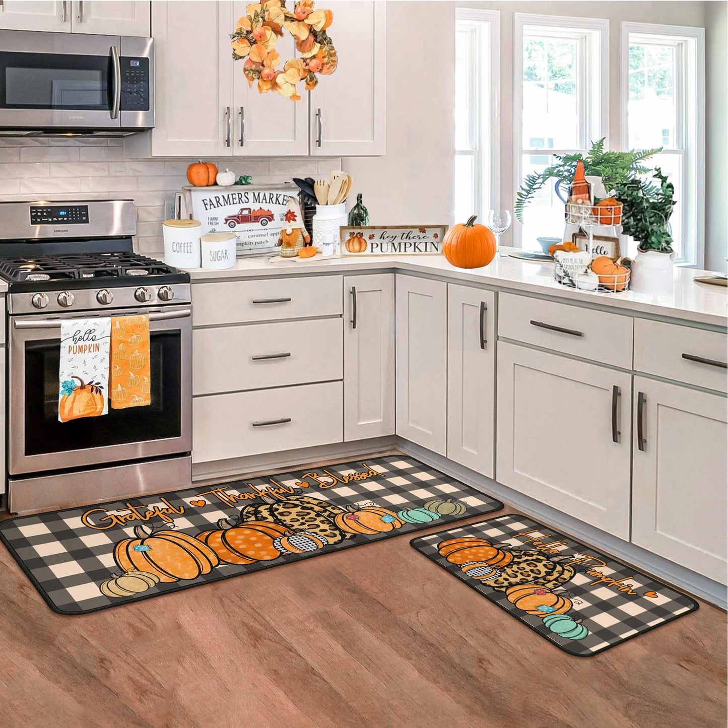 Fall Kitchen Rugs and Mats for Floor, Fall Decorations for Home, 2 Pcs Non-Slip Backing Pumpkin Mat, Autumn Decor Thanksgiving Kitchen Rug Sets with Runner 17"x47.2"+17"x30"