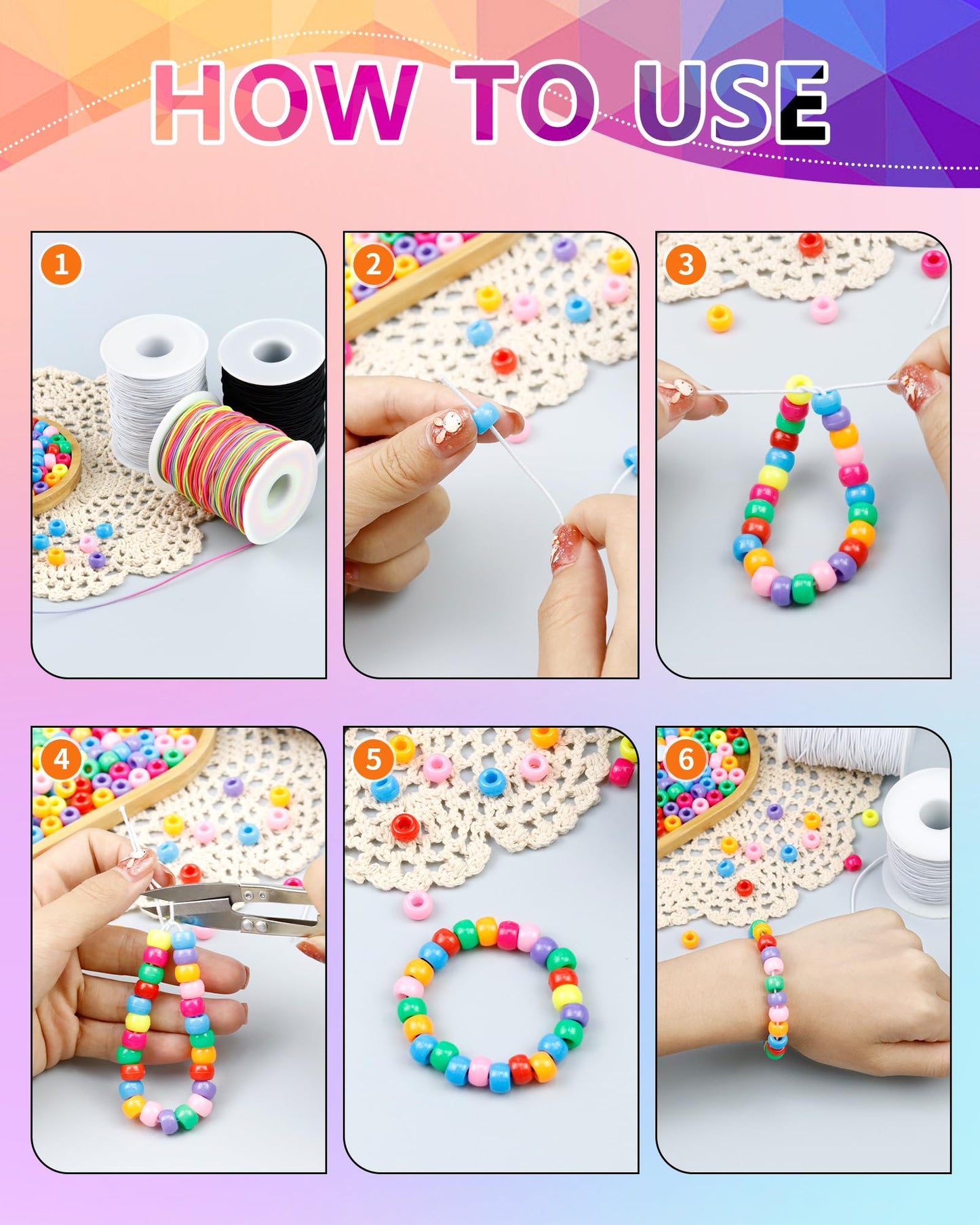 2 Rolls Elastic Bracelet String Total 330 Feet,1.0mm,1.2mm,1.5mm Elastic Cord for Beading Stretchy String with Beading Needle for Bracelets, Sewing, Necklace, Jewelry Making and Crafts