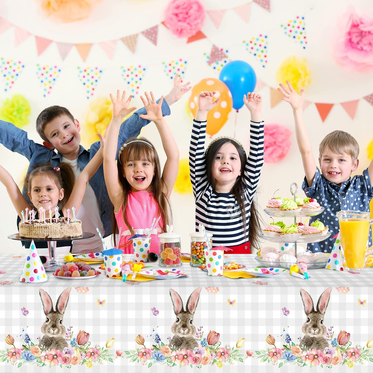 3Pcs Spring Easter Bunny Buffalo Plaid Checkered Tablecloth Decorations,Plastic Rabbit Egg Floral Pastel Dinner Table cover for Indoor Outdoor Birthday Easter Baby Shower Party Supplies,54x108 Inch