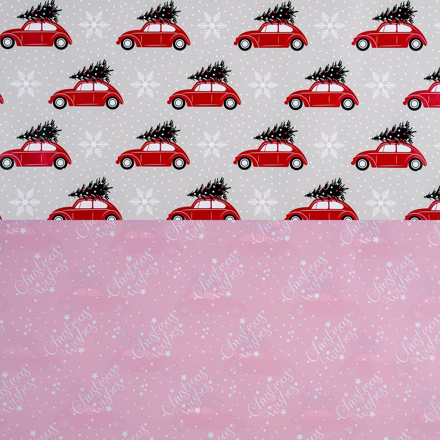 Reversible Wrapping Paper Roll, Mini Roll, Christmas Red Car and Christmas Wishes Pattern Gift Wrap Paper for Kids, Friends, Family, Xmas, Party, Holiday, 17.5 Inches X 32.8 Feet