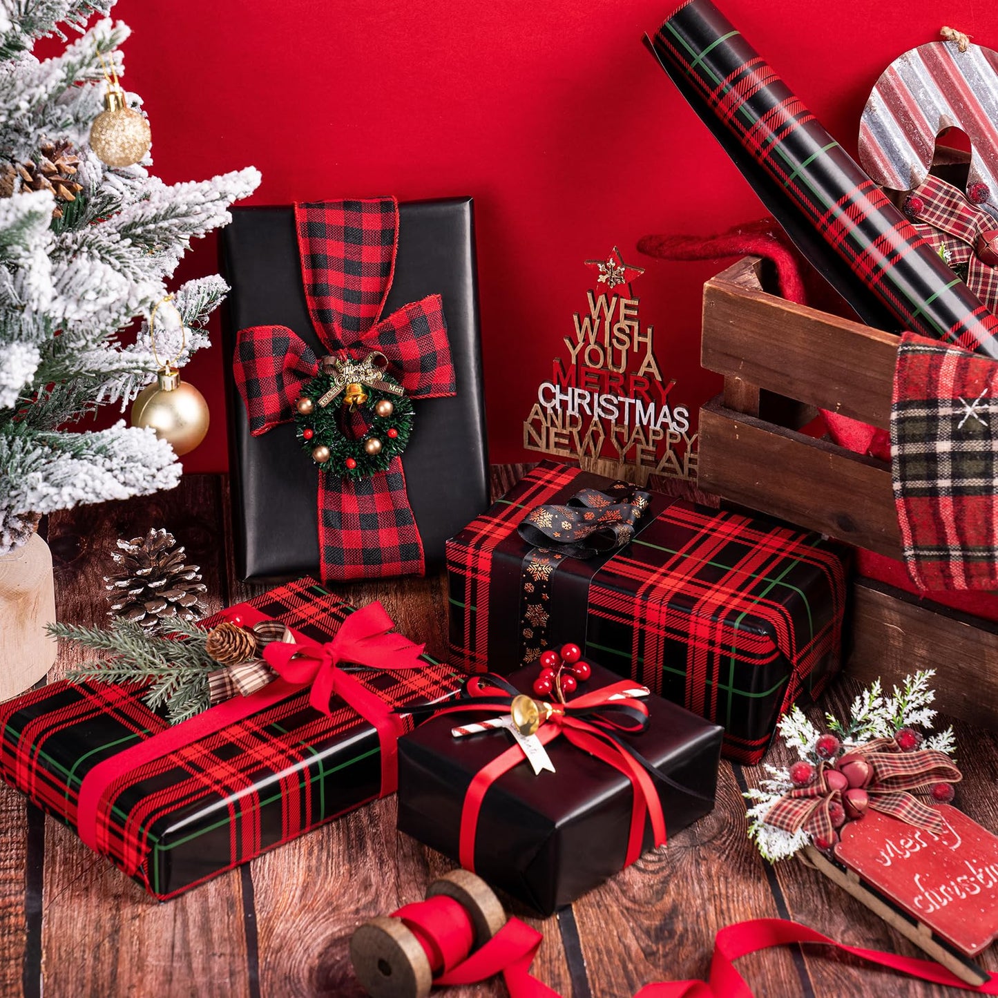 Reversible Plaid Wrapping Paper - Mini Roll - 17 Inch x 33 Feet - Red and Black Plaid Christmas Wrapping Paper for Christmas, Birthday, Baby Shower, Holiday