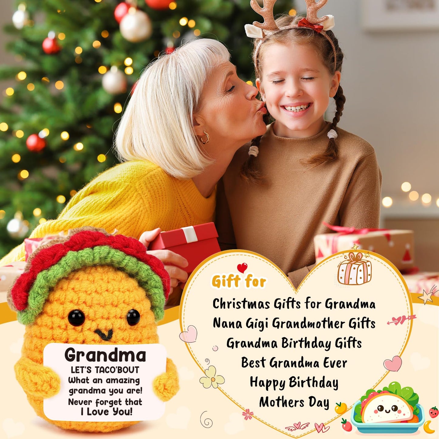 Grandma Gifts Valentines Birthday Gifts for Grandmother from Grandkids Gigi Gift for Great Best Grandma Ever Mothers Day Christmas Funny Granny Grandparents Mimi Nana Gigi Handmade Crochet Taco