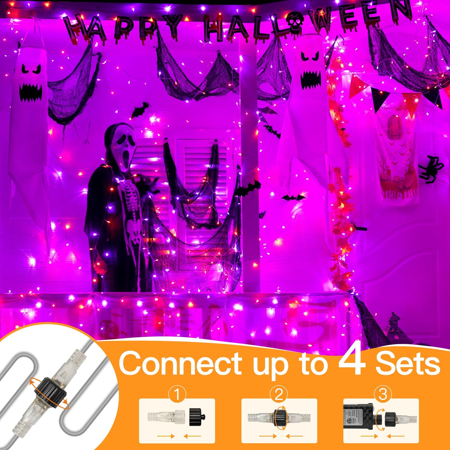shineshine Halloween Lights Outdoor 49FT 150 LED, Connectable Waterproof Orange and Purple Halloween Light, 8 Modes Timer Plug in LED String Lights for Indoor Outside Yard Halloween Decorations