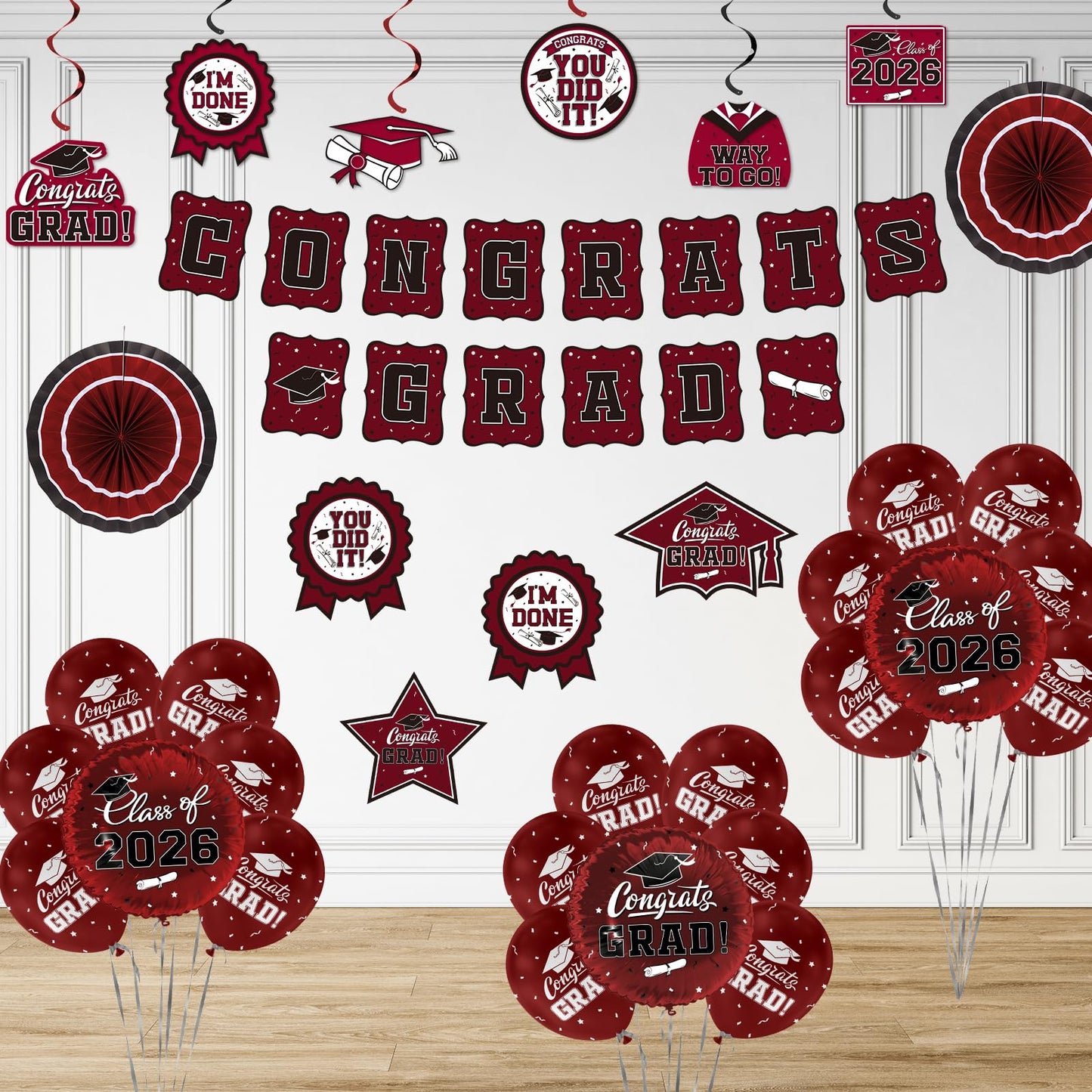 Maroon Themed 2026 Graduation Decorations Set - Congrats Grad Banner, Class of 2026 Backdrop, Balloons & Streamers Kit - Complete Party Supplies for High School & College Celebrations