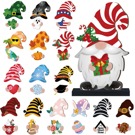32 Pcs Christmas Interchangeable Wooden Gnome Decor DIY Holiday Christmas Seasonal Tiered Tray Decoration Gnomes with Magnet Pieces Welcome Sign for Xmas Holiday Decorations (Fresh)
