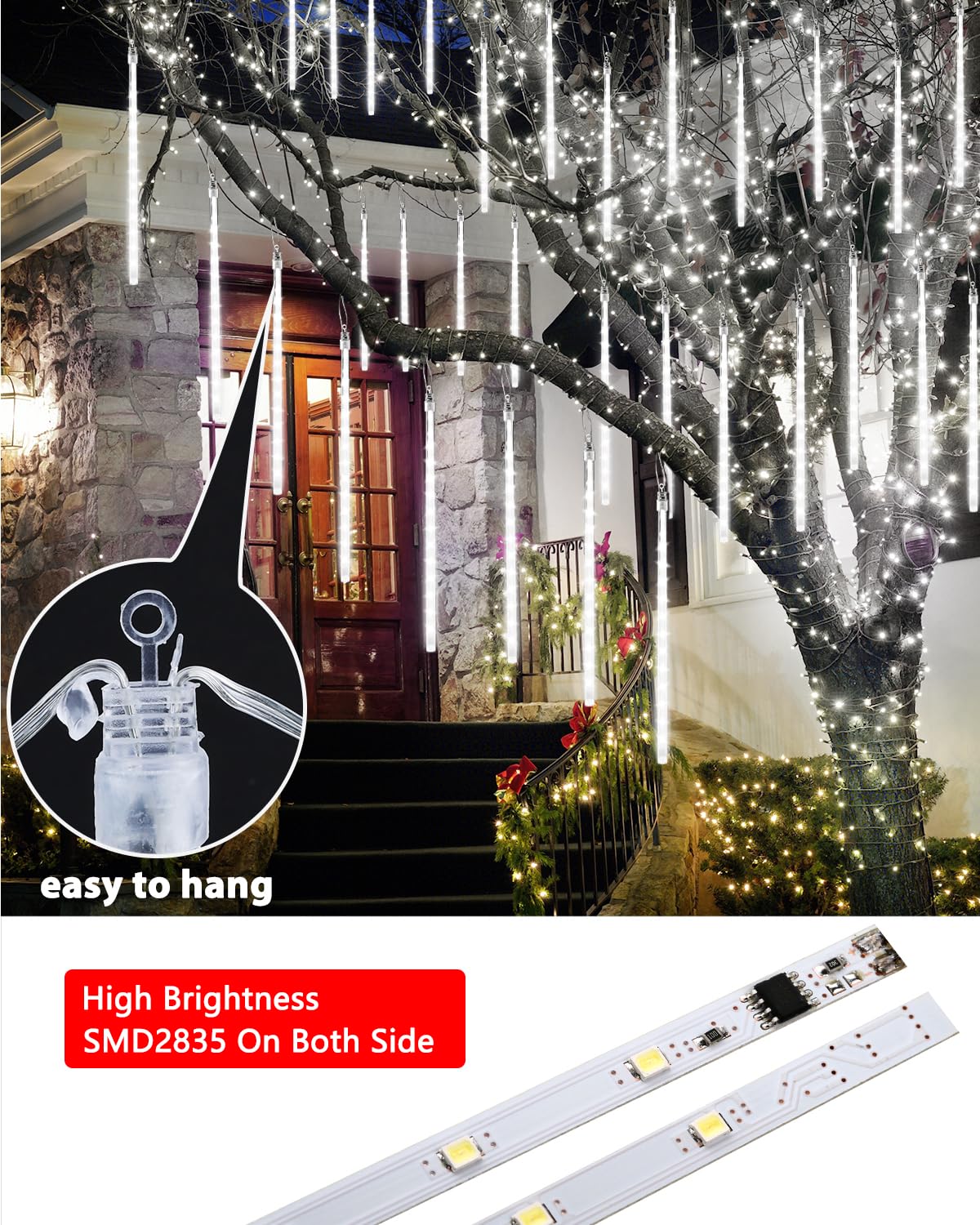 Cool White 20 Tubes Meteor Shower Icicle Lights 480 LED Raindrop Lights with Timer Function Cascading Falling Rain Light for Holiday Party Christmas Decorations