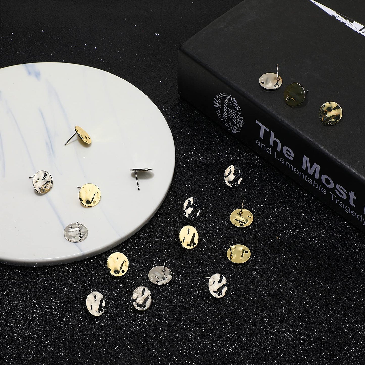 50 Pieces Flat Round Ear Studs Earring Posts with Loop Hole Coin Jewelry 13.0 mm Gold Plated Disc Charms Earring for DIY Earrings Craft Making Supplies for Women Girls (White K, KC Gold)