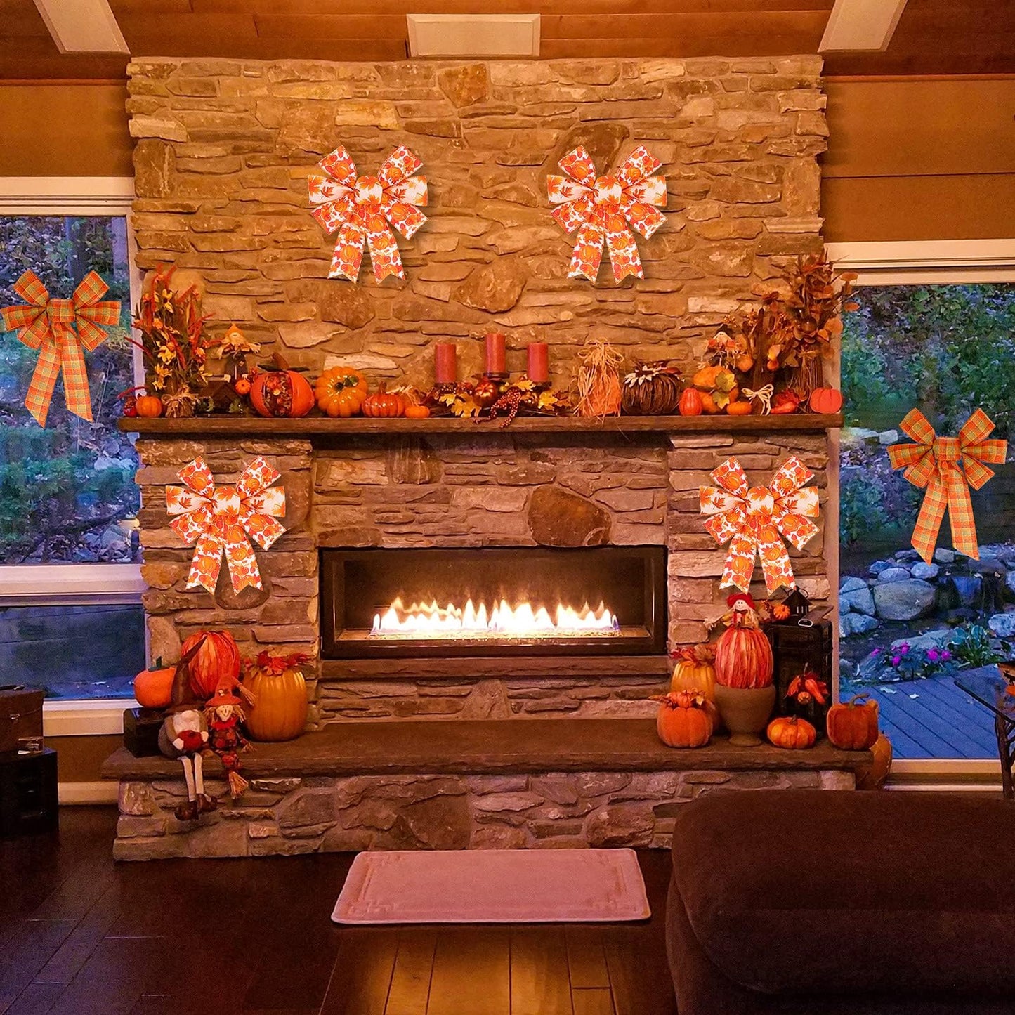 Whaline 6 Rolls Fall Thanksgiving Burlap Ribbon 30 Yard Orange Plaid Autumn Harvest Ribbon Pumpkin Fall Leaves Wired Edge Wrapping Ribbons for Wreath Floral Bows Craft Decor, 2.5In