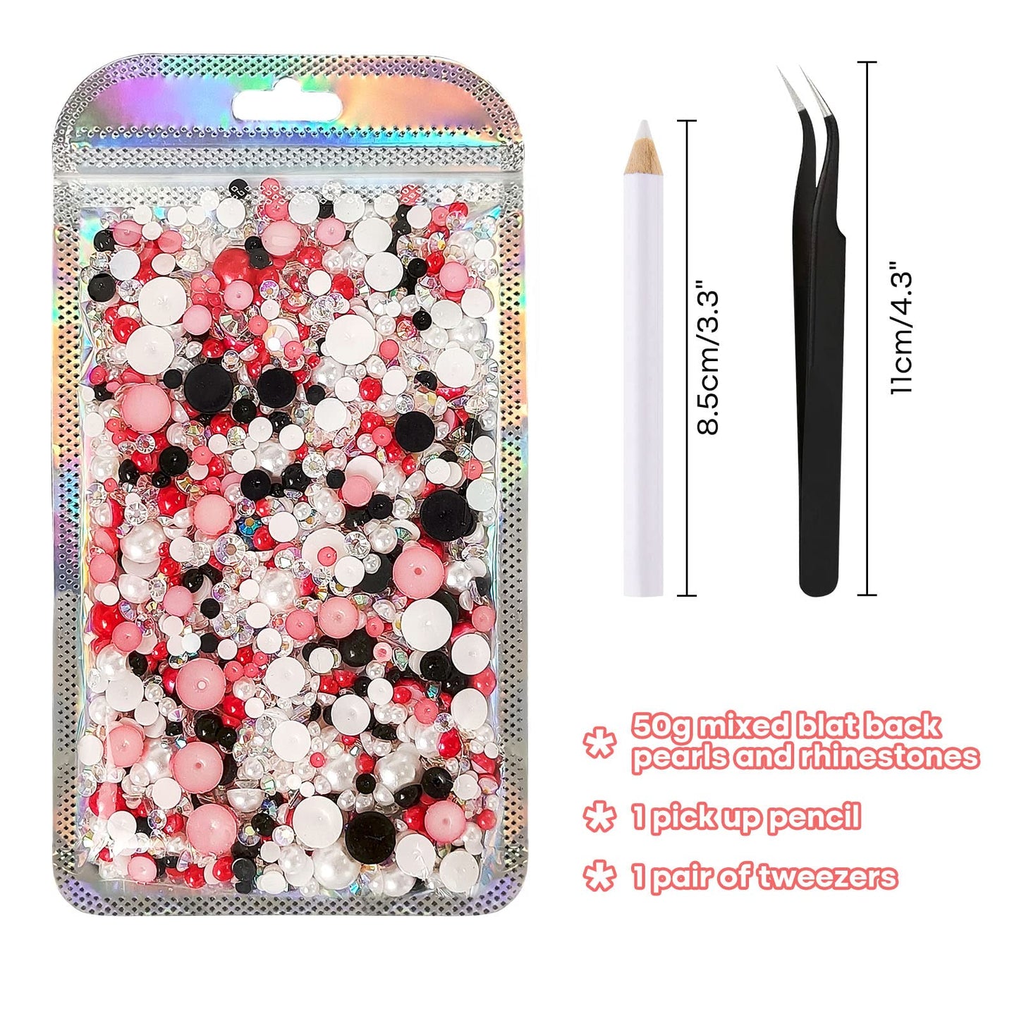 ASTARON 50g Mix Flatback Rhinestones Half Pearls for Crafts Mixed Size 3mm-10mm Flat Back Rhinestones for Crafts Flatback Pearls for DIY Tumblers Mugs Nail Art Shoes Clothes (Red Black Series)