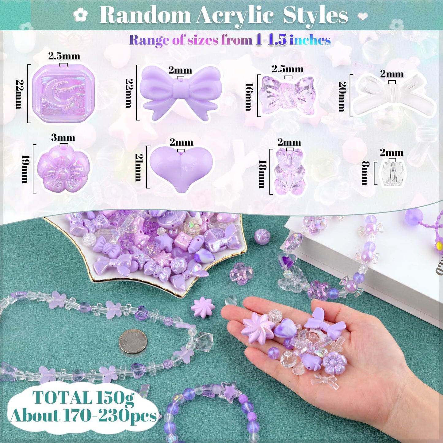 TINKRSTUFF Assorted 170-230PCS Purple Acrylic Beads for Bracelet Making, Flower Bow Butterfly Candy GummyBear Aesthetic Bracelet Charms,Cute Beads for Jewelry Making DIY Necklace Keychain Phone Charm