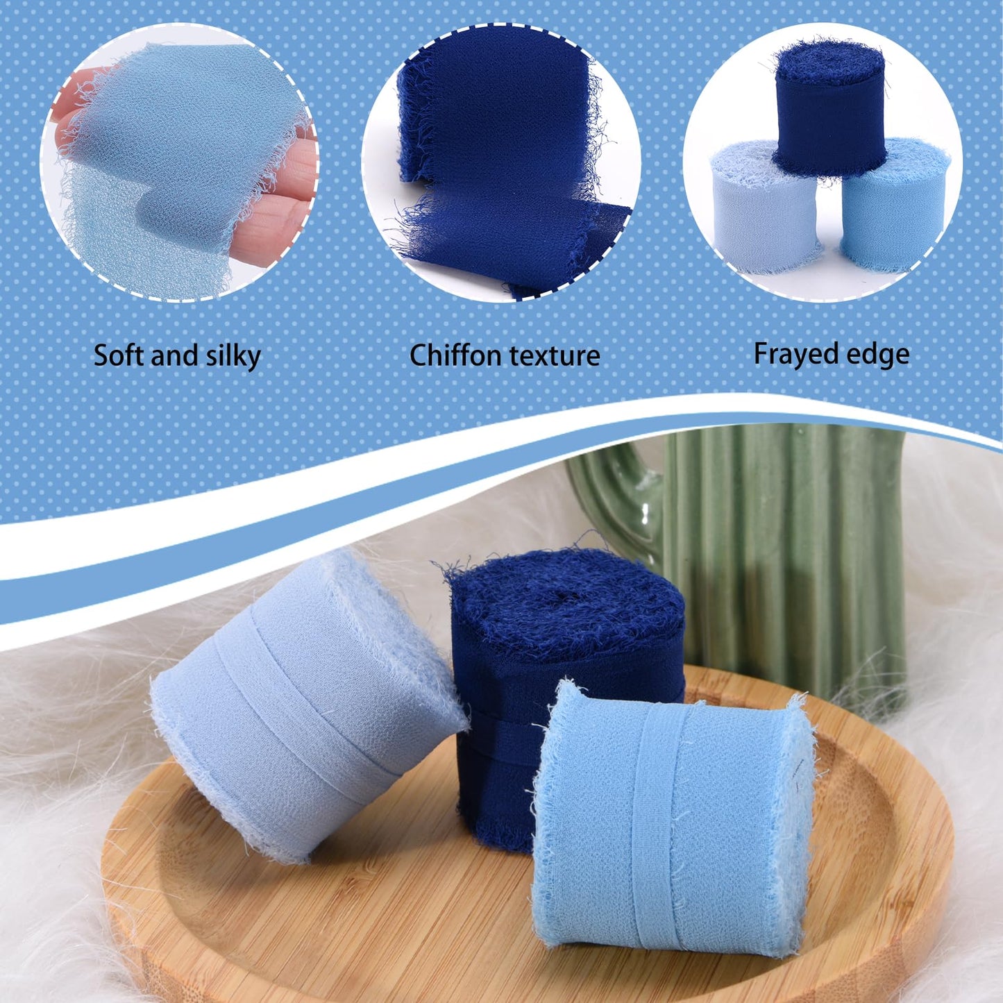 3 Rolls Chiffon Silk Ribbon-1.5 inches* 21 Yards Chiffon Ribbon Rolls, Flower Wrapping Chiffon Ribbon Set for Wedding Bouquets,Christmas Gift, DIY Crafts,Ribbon Hair Ties (Gradient Blue)
