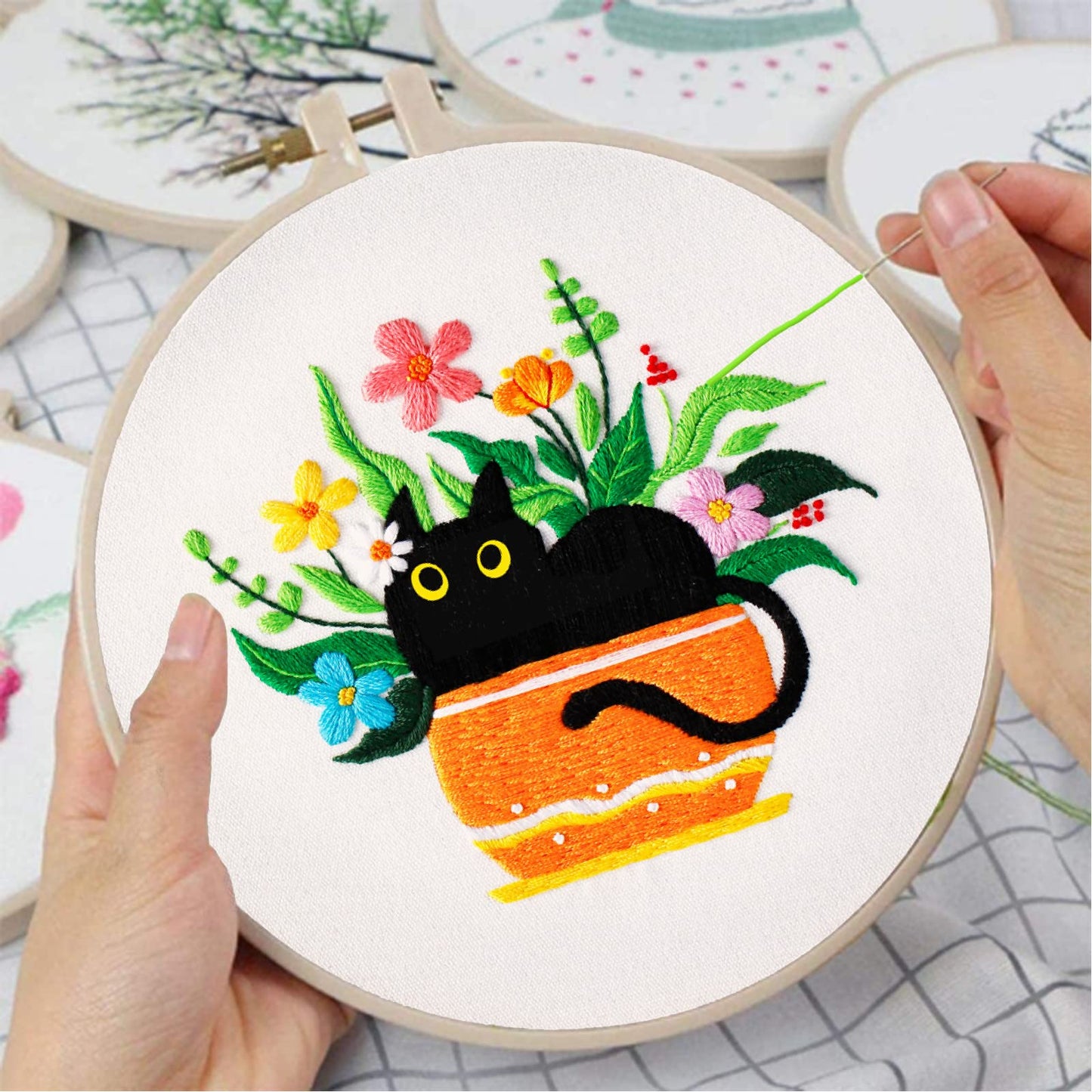 Louise Maelys Embroidery kit with Cat Plant Stamped for Starters, Cross Stitch Kits for Beginners Adults, Include Embroidery Cloth, Hoop,Needles,Instruction and Threads