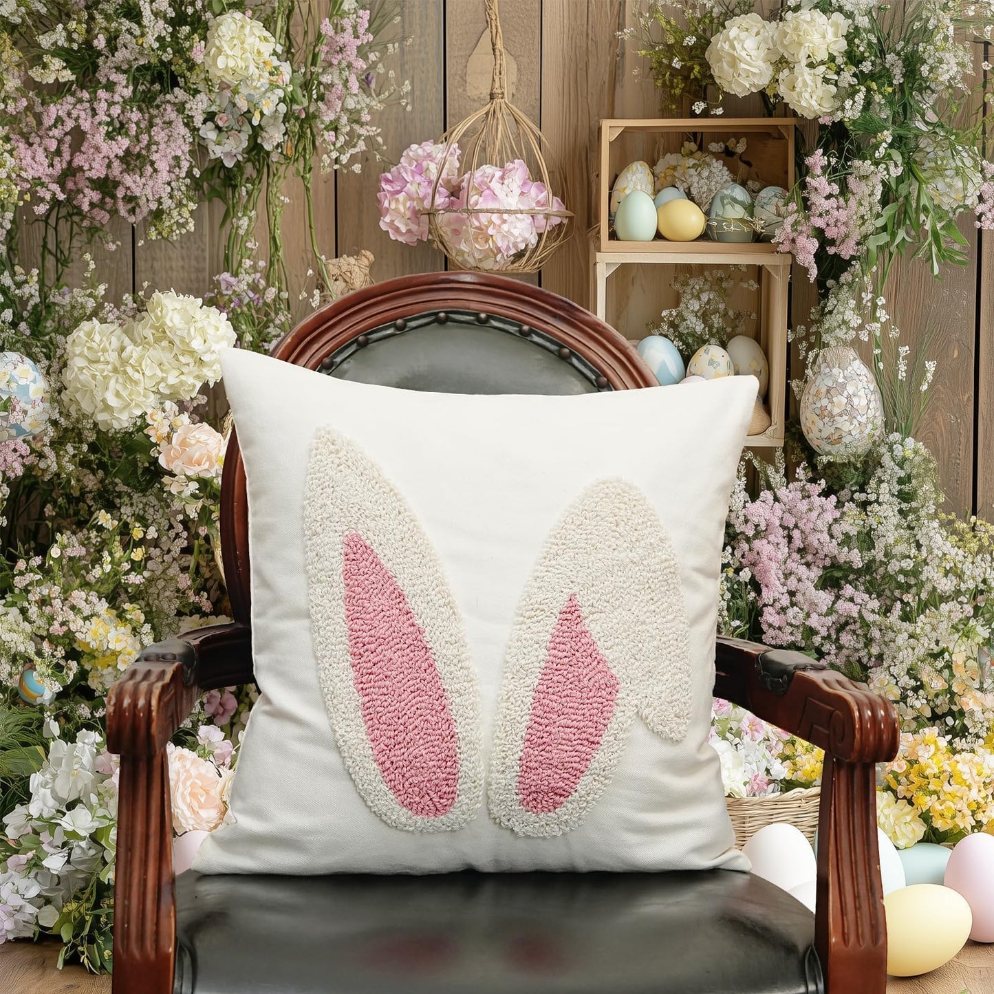 Embroidered Easter Bunny Ears Pillow Cover 18x18 Inch, Spring & Easter Decorations Farmhouse Home Decor Throw Pillow Case for Sofa & Bed GX015-1-18