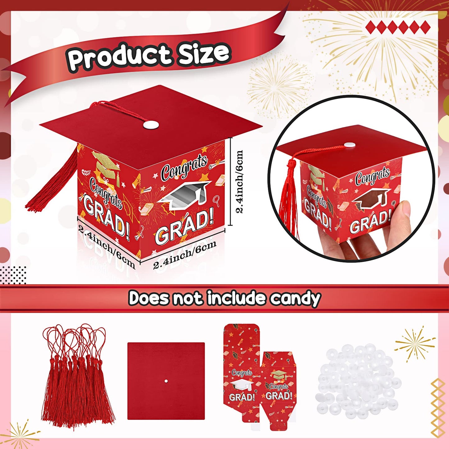 Pajean 30 Pcs Graduation Cap Candy Gift Box Grad Hat Gift Box Treat Boxes with Tassels Graduation Party Favors for Guests Class of 2026 Decorations(Red)
