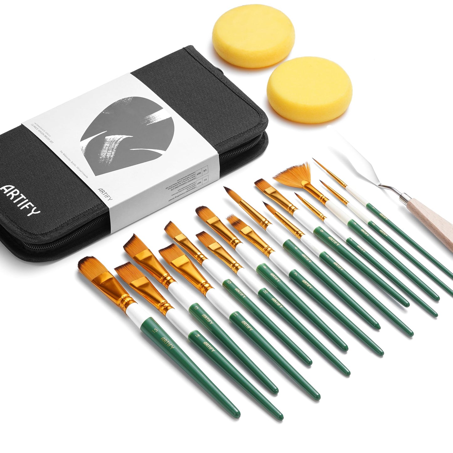 18 Piece Paint Brush Set, ARTIFY 15 Acrylic Paint Brushes, Palette Knife, and 2 Sponges, Professional Artist Paint Brushes for Acrylics, Watercolors, Gouache, Canvas, and Face Painting, Green
