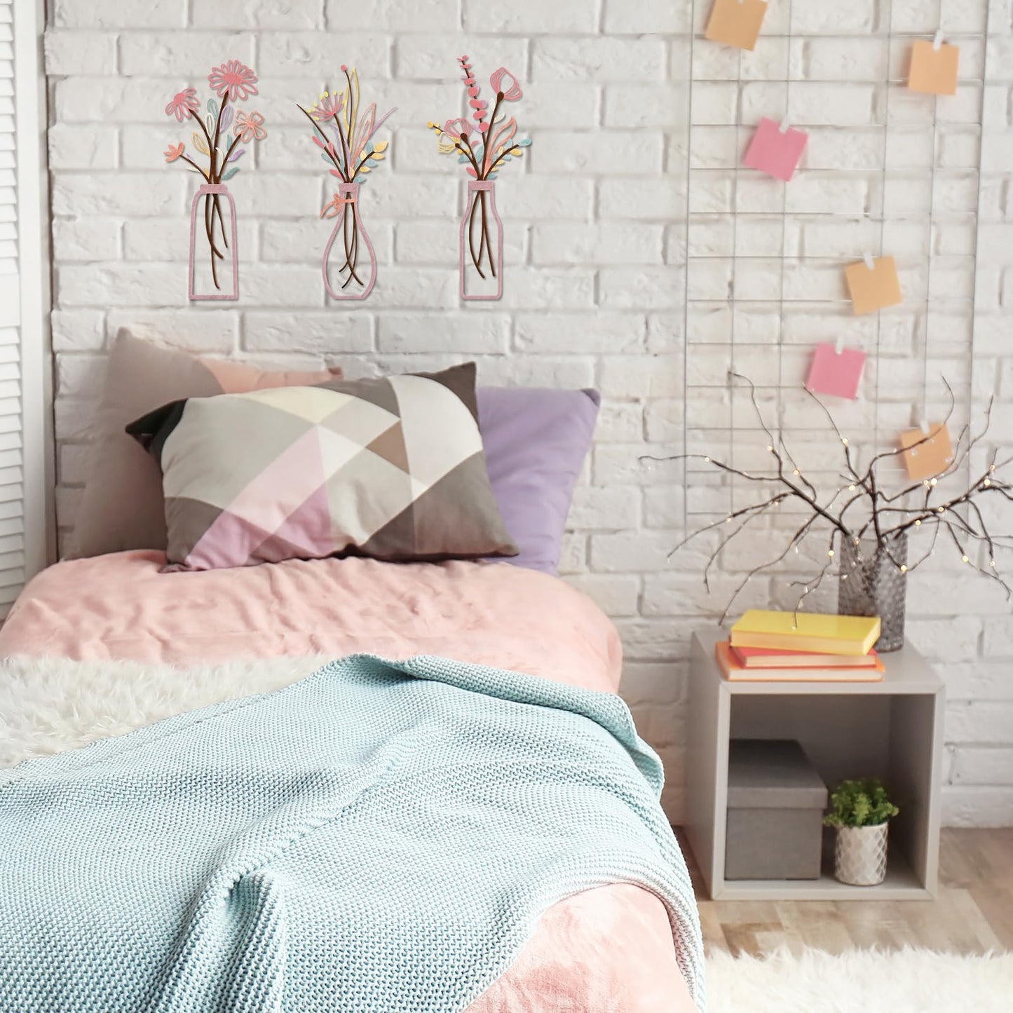 3 Pieces Metal Flowers Wall Arts - Rustic Farmhouse Style Décor Metal Wall Art Black Minimalist Flower Natural Themed Wall Decors for Home Bedroom Dining Room Housewarming (Pinkish)