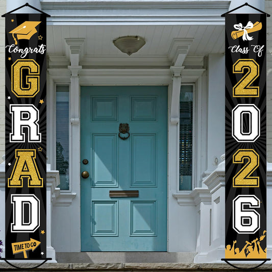 2026 Graduation Banner Class of 2026 Congrats Grad Porch Sign Party Decorations Supplies Welcome Hanging Door Decor for Indoor Outdoor(Black and Gold)