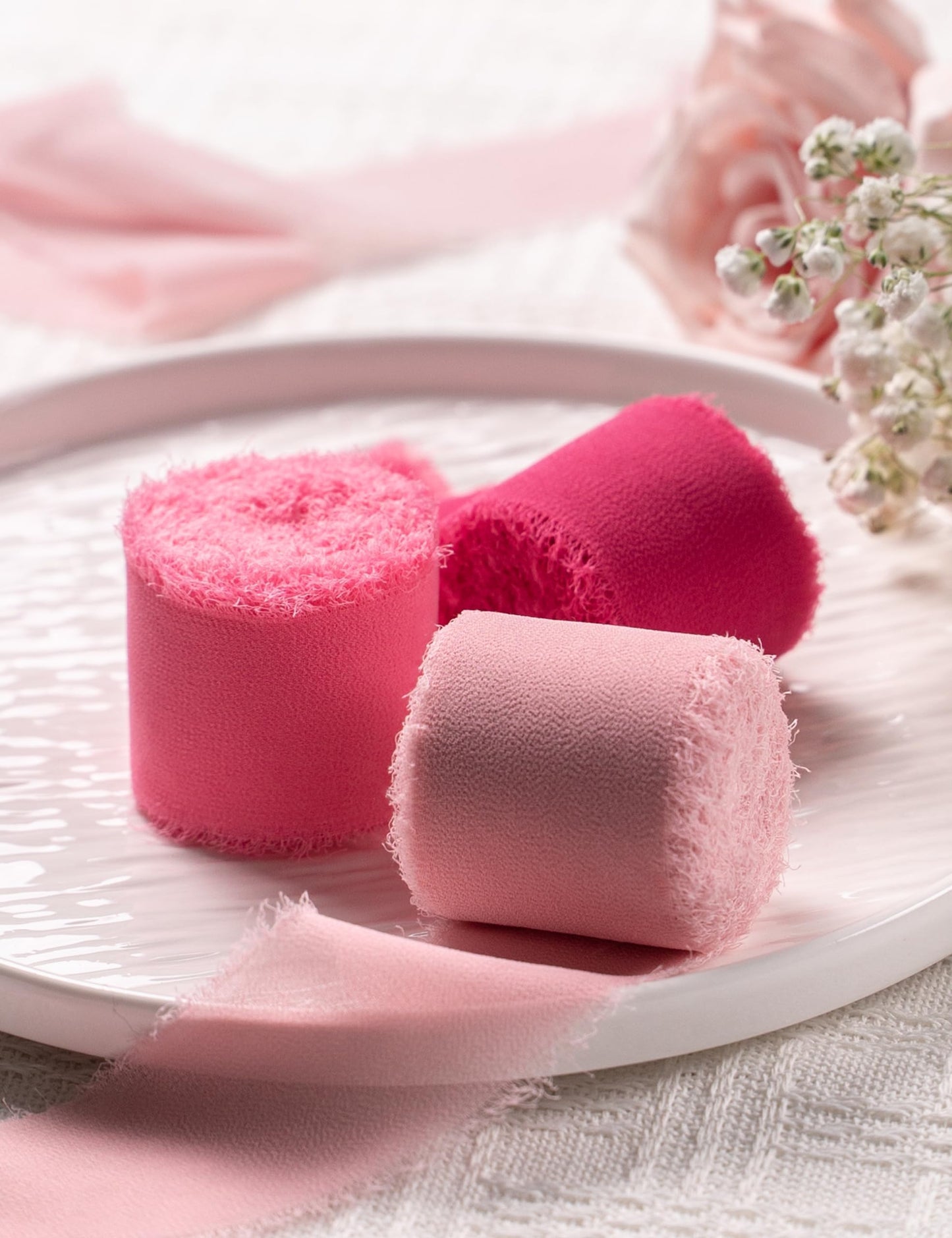 Chiffon Ribbon, Hot Pink Pastel Pink 1.5''x21Yd Frayed Fringe Silk Ribbon for Gift Wrapping, Handmade Ribbons for Floral Vase, Halloween, Wedding, Birthday, Engagement, Bridal Shower, 3 Rolls