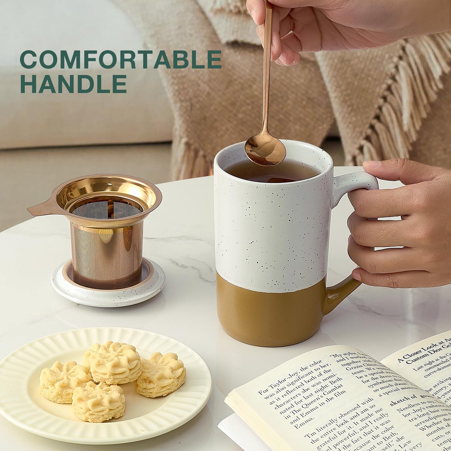Ceramics Large Tea Cup with Loose Leaf Infuser, Spoon and Lid, 16 oz Tall Coffee Mug, Microwave and Dishwasher Safe, Rustic Matte Ceramic Glaze, Tea Strainer, Amber