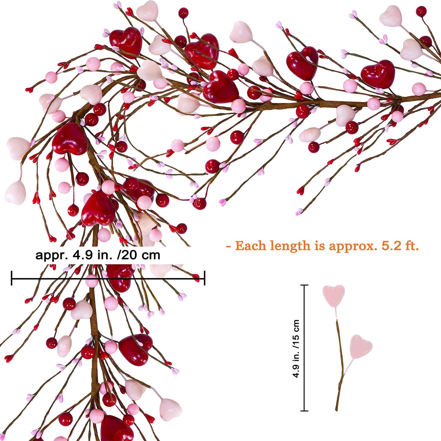 5.2 Ft Artificial Valentine's Day Garland Red Pink Heart and Berry Garland for Valentine Party Holiday Wedding Fireplace Mantel Shelf Front Door Decor Dinner Table Centerpiece