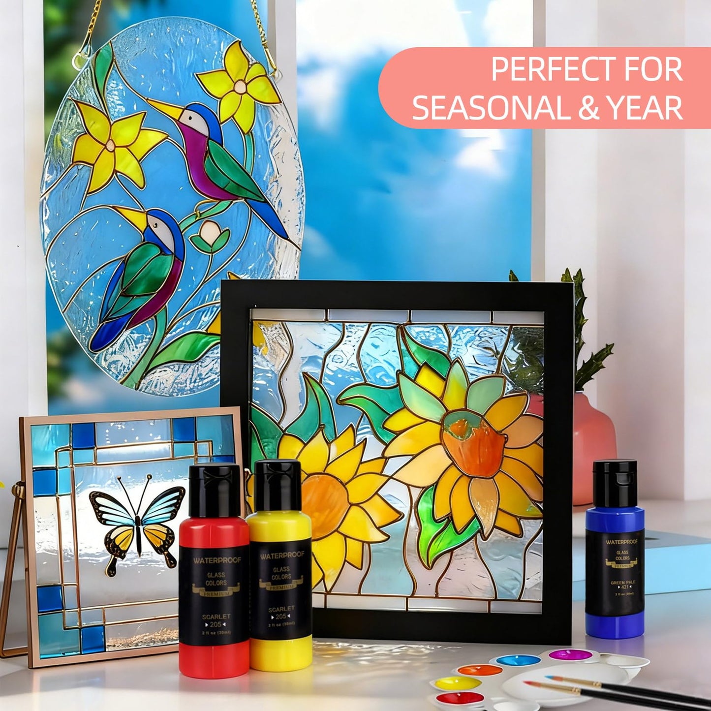 Colorful 14 Colors Stain Glass Paint Set with 6 Brushes, 1 Palette, Waterproof Permanent Glass Painting Kit for Kids to Arts on Wine Glasses,Bottle and Windows