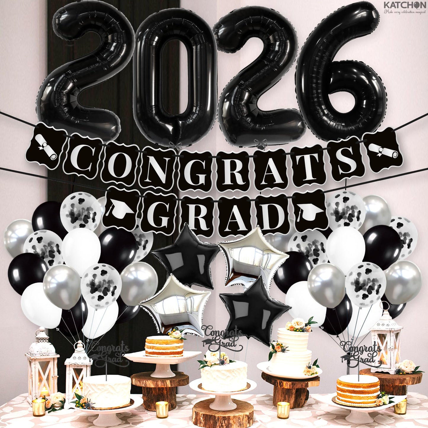 KatchOn, Black and Silver Graduation Decorations 2026 Set - Huge, Pack Of 43 | 2026 Balloons, Congrats Grad Banner | Black Graduation Decorations 2026 | Black and White 2026 Graduation Decorations