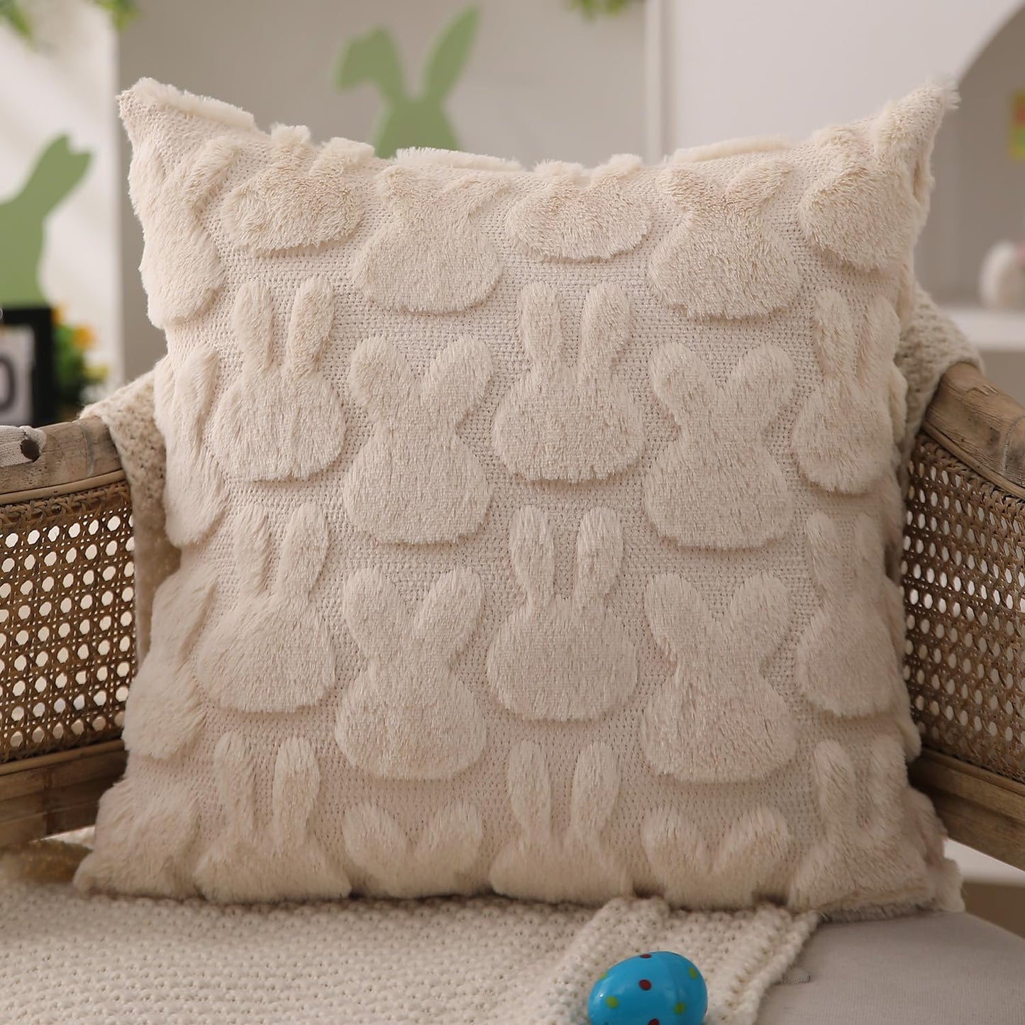 Easter Pillow Covers 18x18 inch Set of 2 Easter Decoration Beige Rabbit Soft Plush Faux Fur Jacquard Throw Pillows for Bedroom Sofa Holiday Festivals Home Decor FHJ-010C18