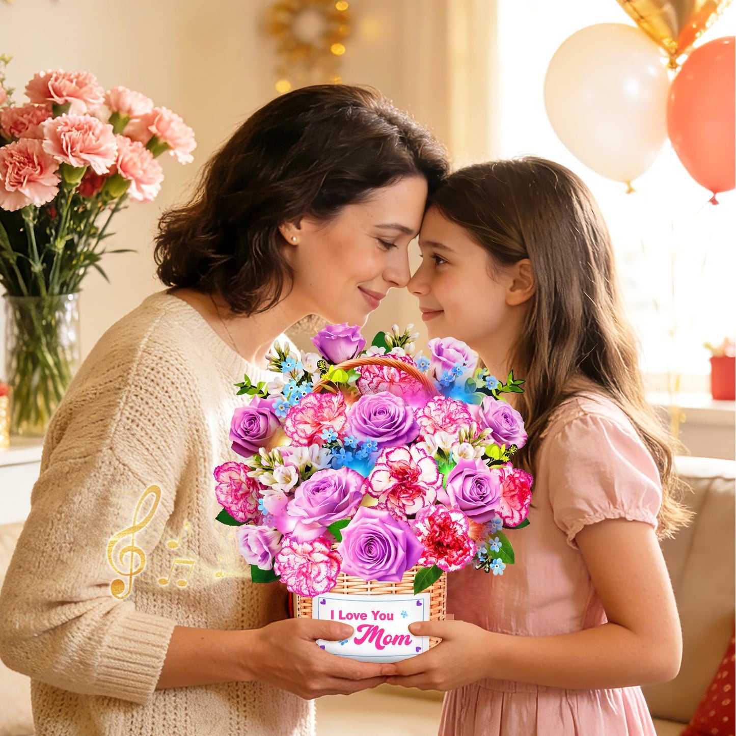 MZD8391 Mothers Day Card With Music & Lights, 3D Pop Up Mothers Day Gifts, Carnation & Rose, 10 Inch Life Sized Forever Flower Bouquet Birthday Card for Mom Wife Women Her