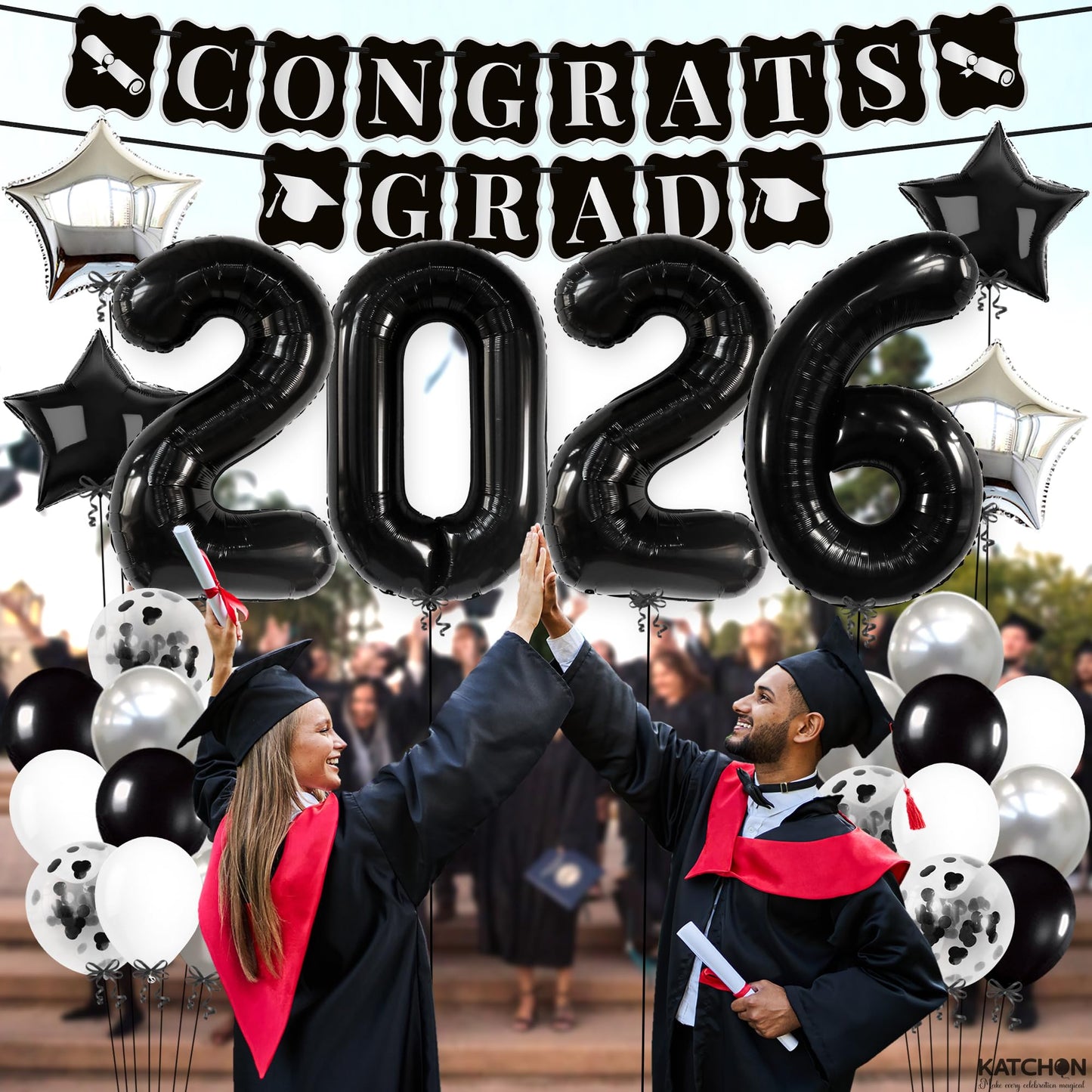KatchOn, Black and Silver Graduation Decorations 2026 Set - Huge, Pack Of 43 | 2026 Balloons, Congrats Grad Banner | Black Graduation Decorations 2026 | Black and White 2026 Graduation Decorations