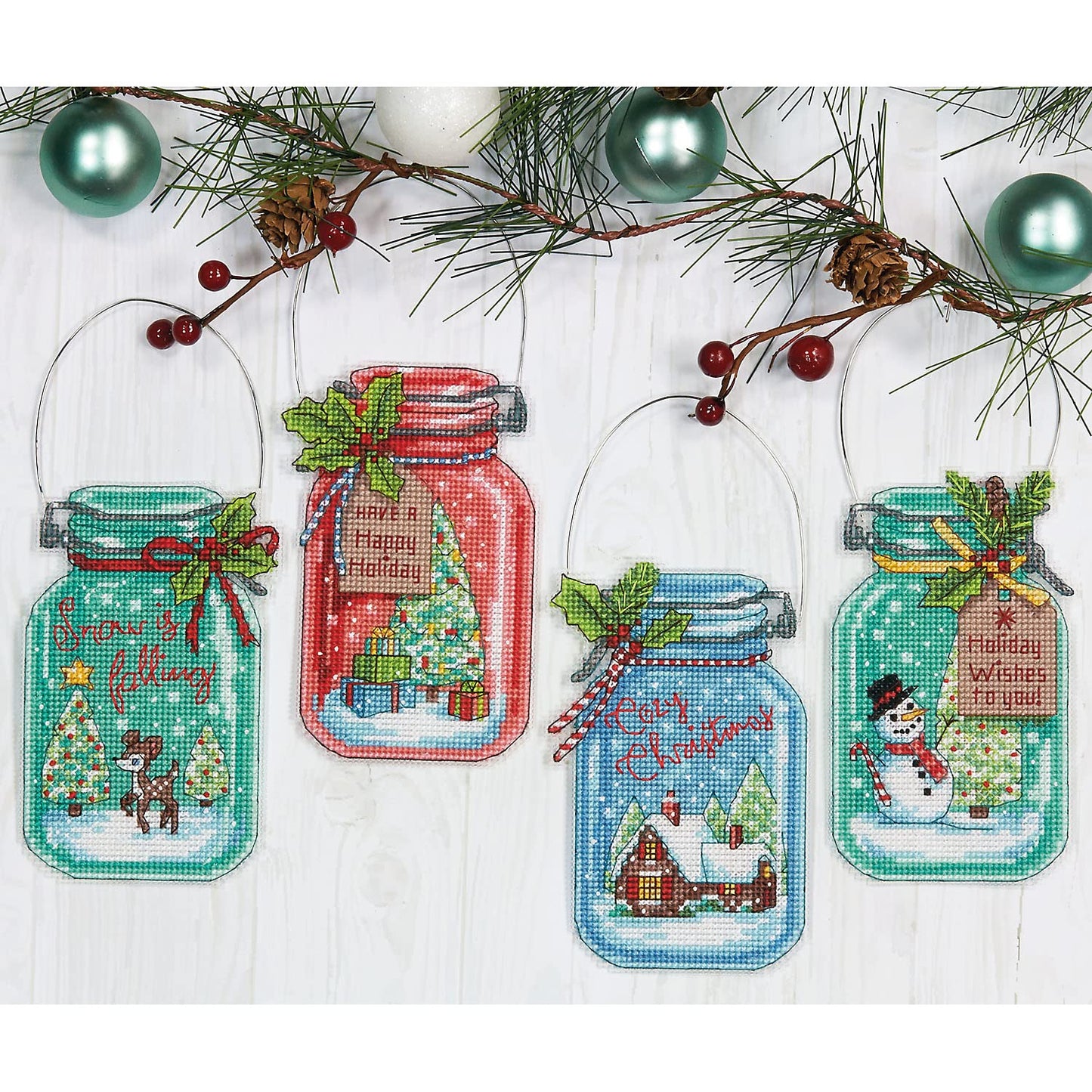 Counted Cross Stitch Holiday Mason Jar Ornament Kit, 4pc