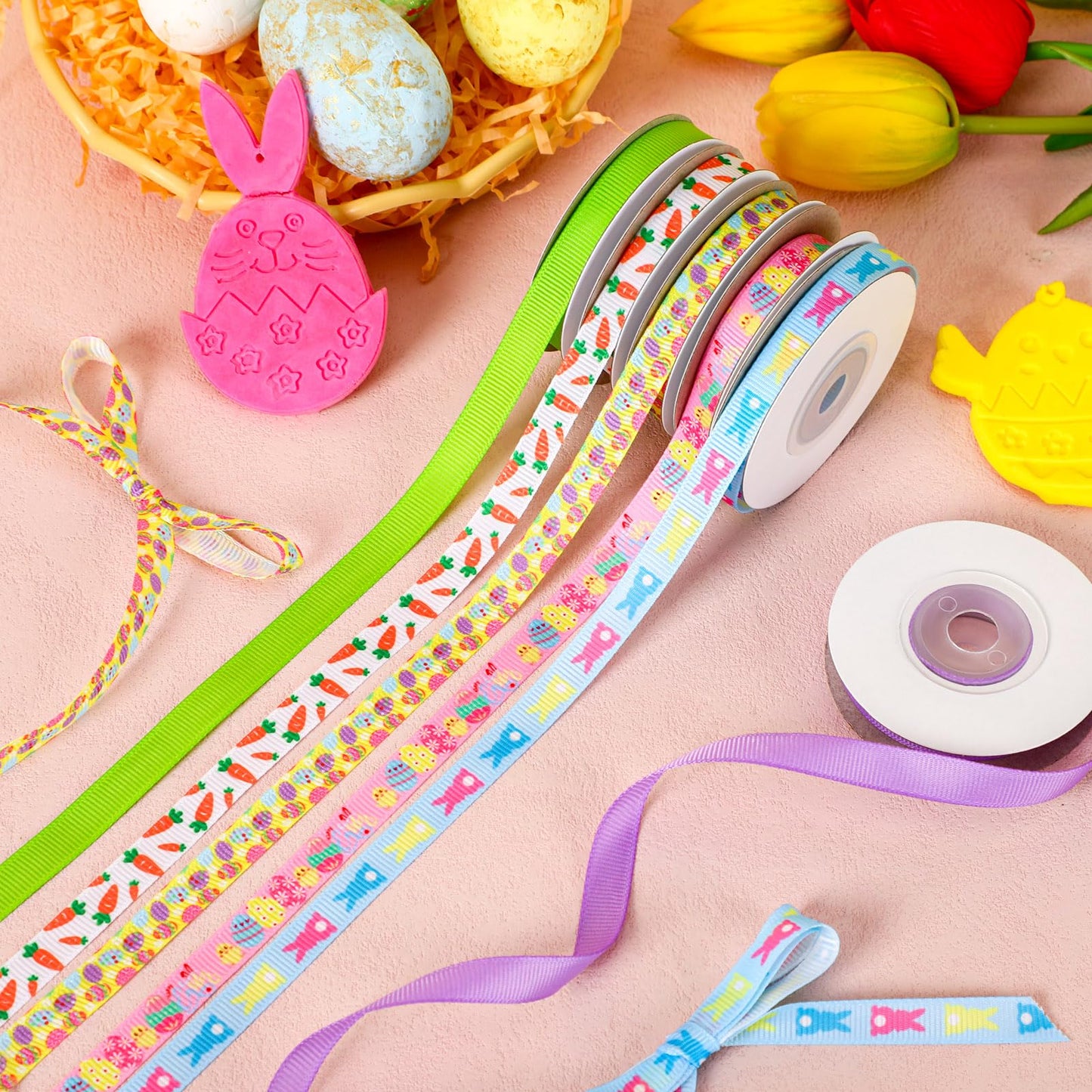 Easter Ribbon, 6 Rolls 60 Yards Grosgrain Ribbons 10 mm Wide Eggs Bunny Carrot Craft Ribbon for Gift Wrapping Easter Basket Wreaths Decoration