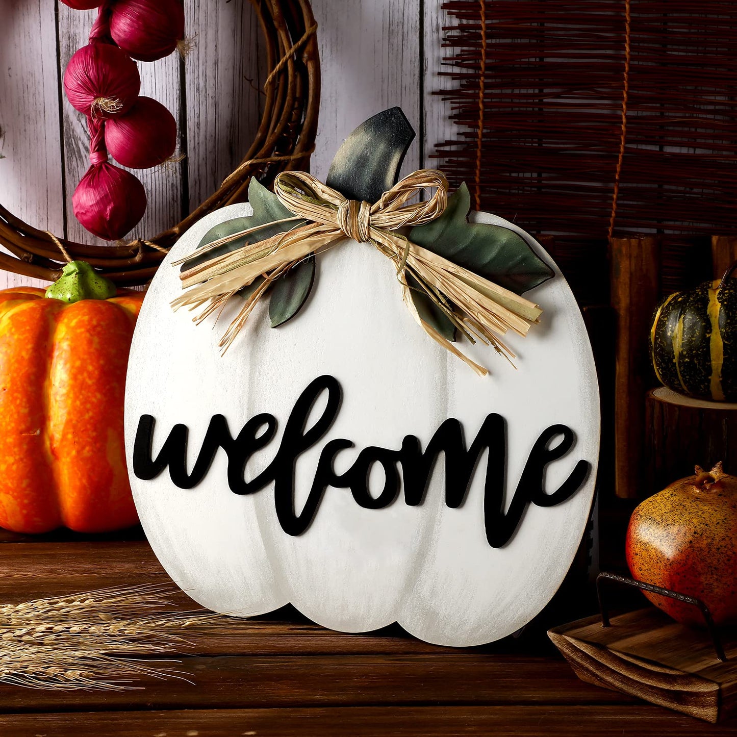 Jetec Fall Decor Pumpkin Welcome Sign Thanksgiving Door Hanger Wooden Pumpkin Decor Hanging Porch Sign for Autumn Harvest Thanksgiving Farmhouse Wall Decoration(White)