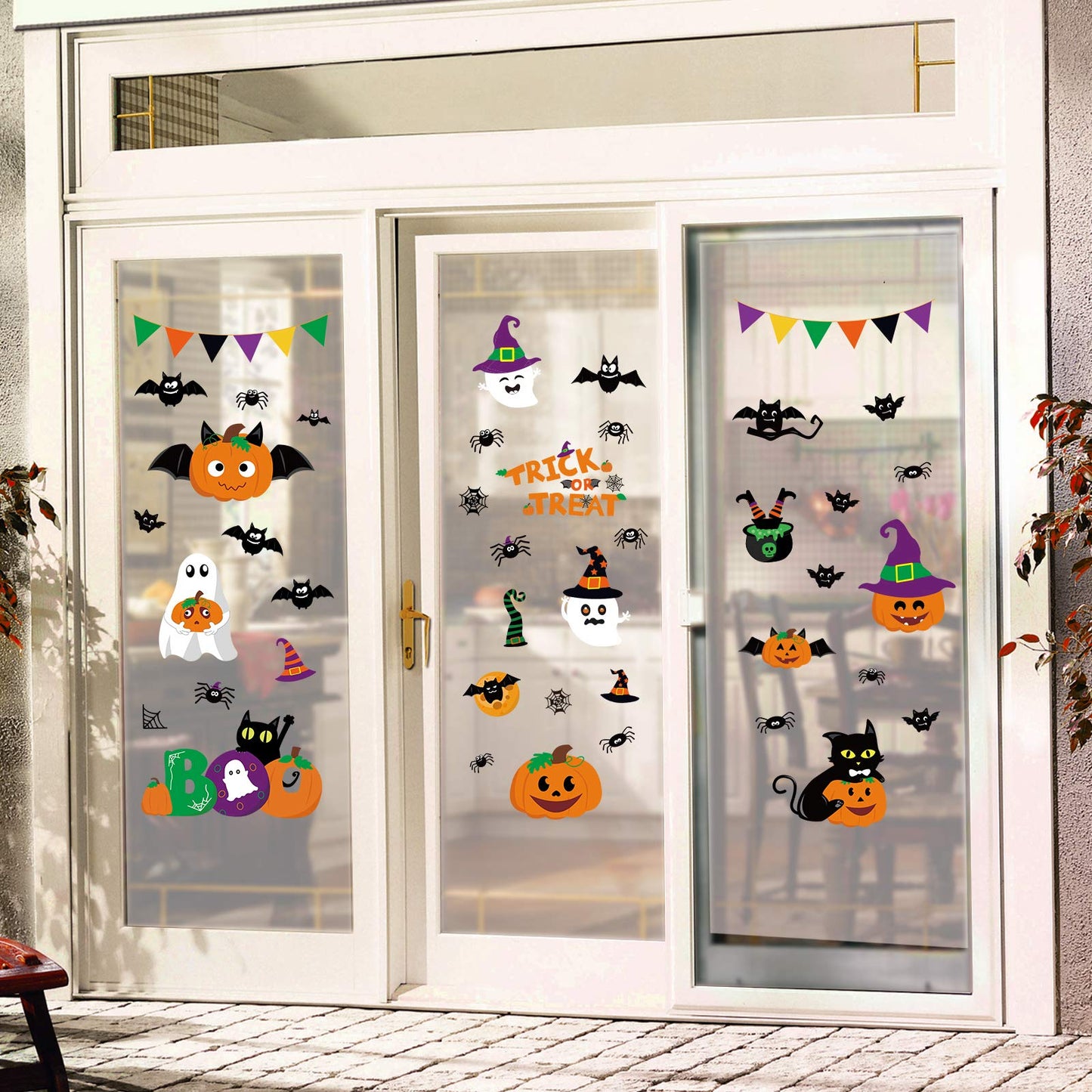Ivenf Halloween Decorations Indoor Window Clings Decor, Large Cute Pumpkin Ghost Black Cat Bat Trick or Treat Window Decals for Glass Windows, Kids School Home Office Party Window Stickers, 4 Sheets